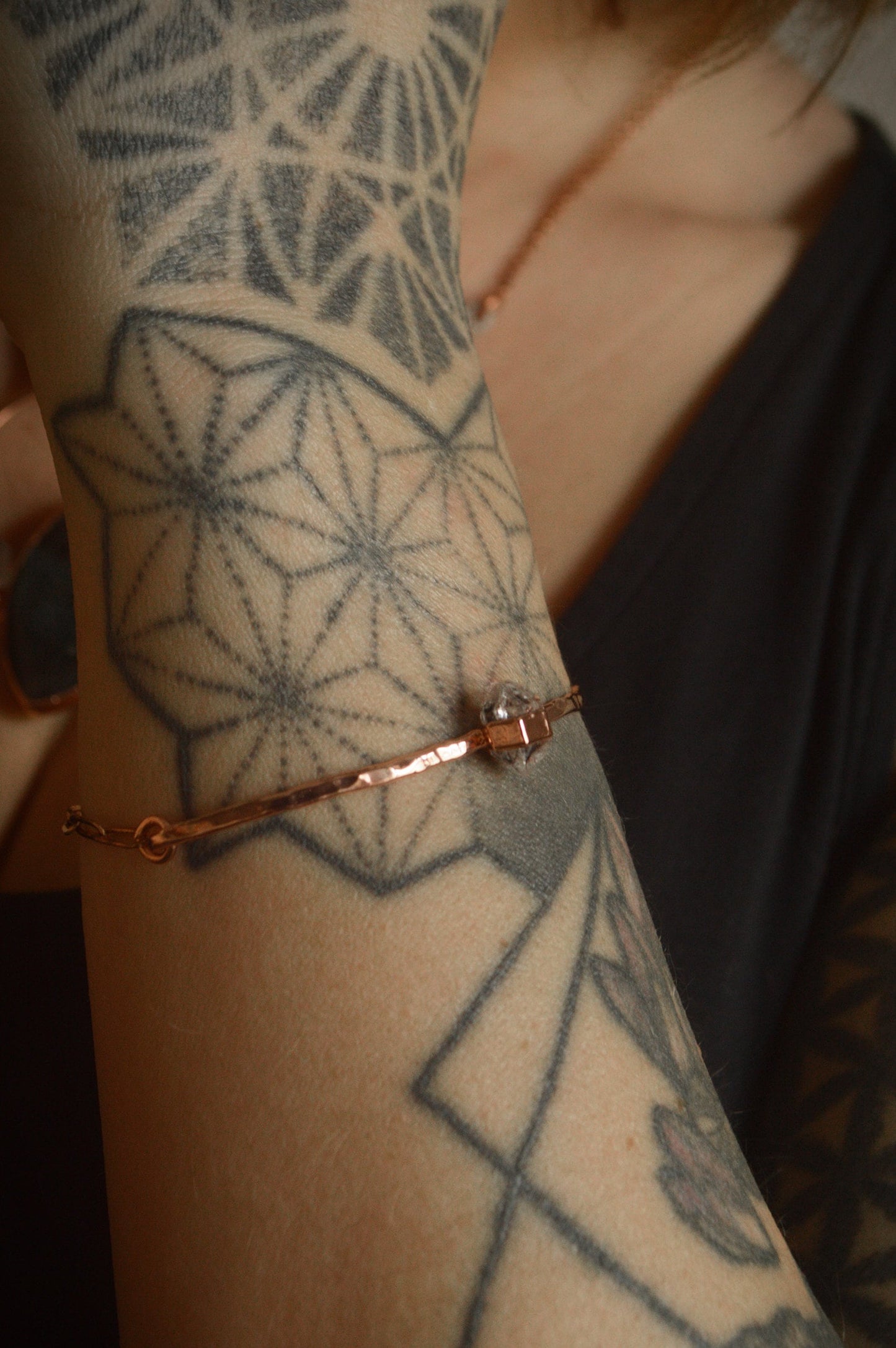 Double terminated quartz crystal, dainty rustic hammered bracelet. Electroformed, raw jewellery