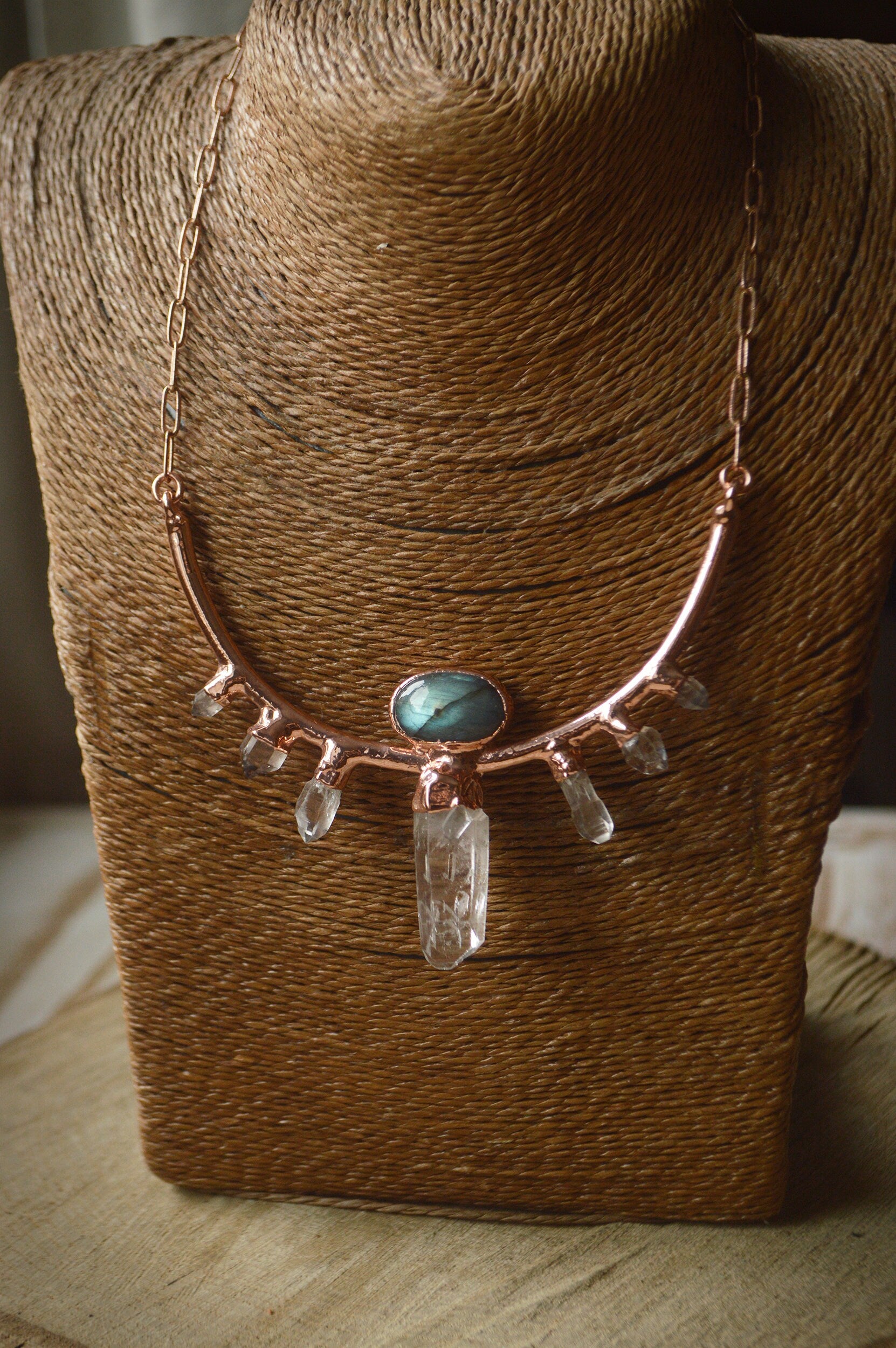 Raw quartz collar with labradorite, statement necklace with natural crystals