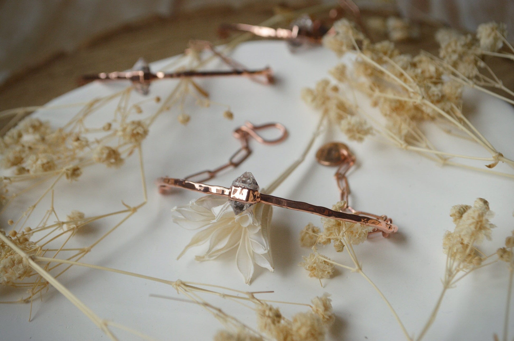 Double terminated quartz crystal, dainty rustic hammered bracelet. Electroformed, raw jewellery