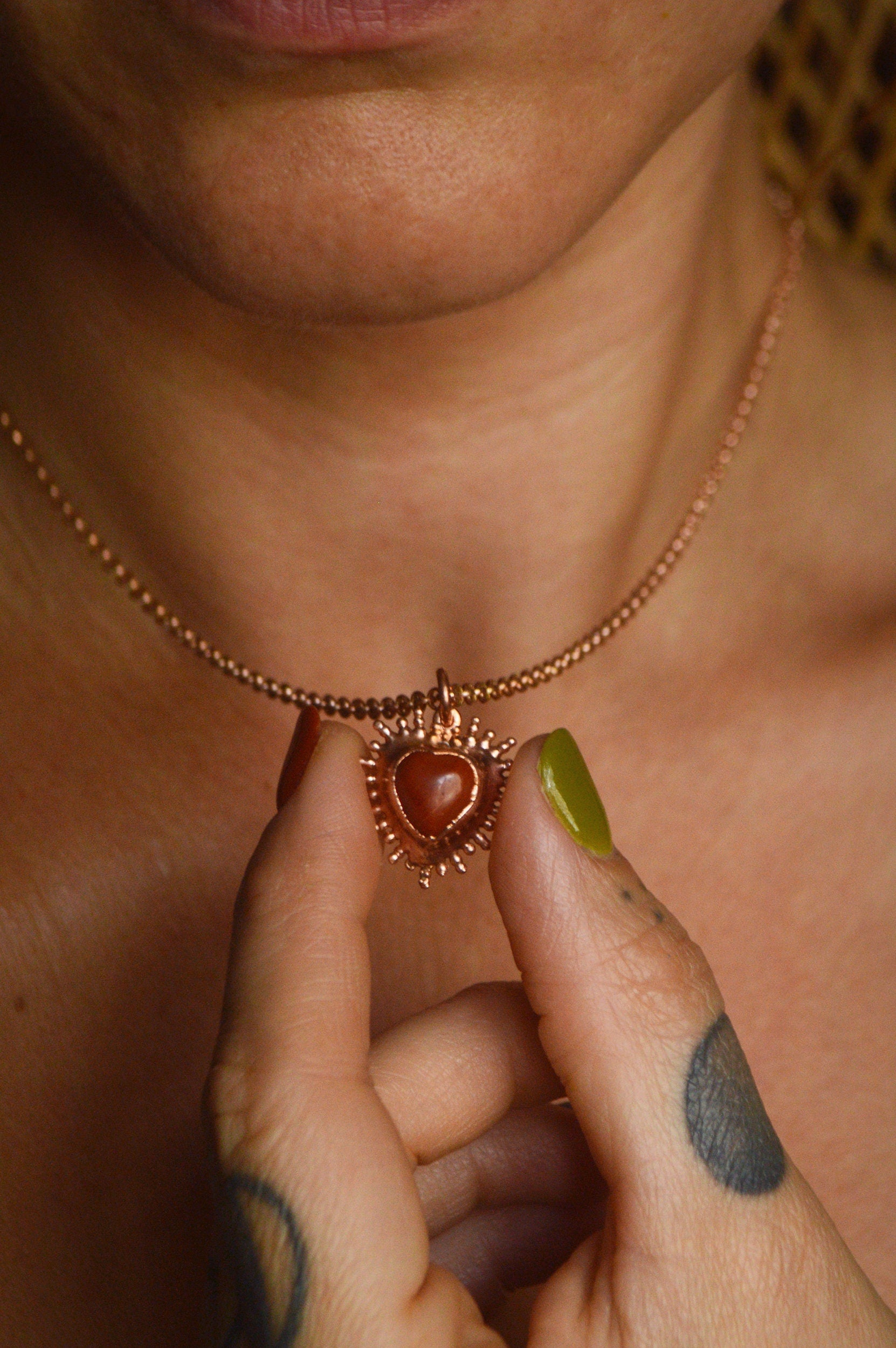 Frida collection - Carnelian flaming heart pendant. Mystical boho jewellery in copper or gunmetal