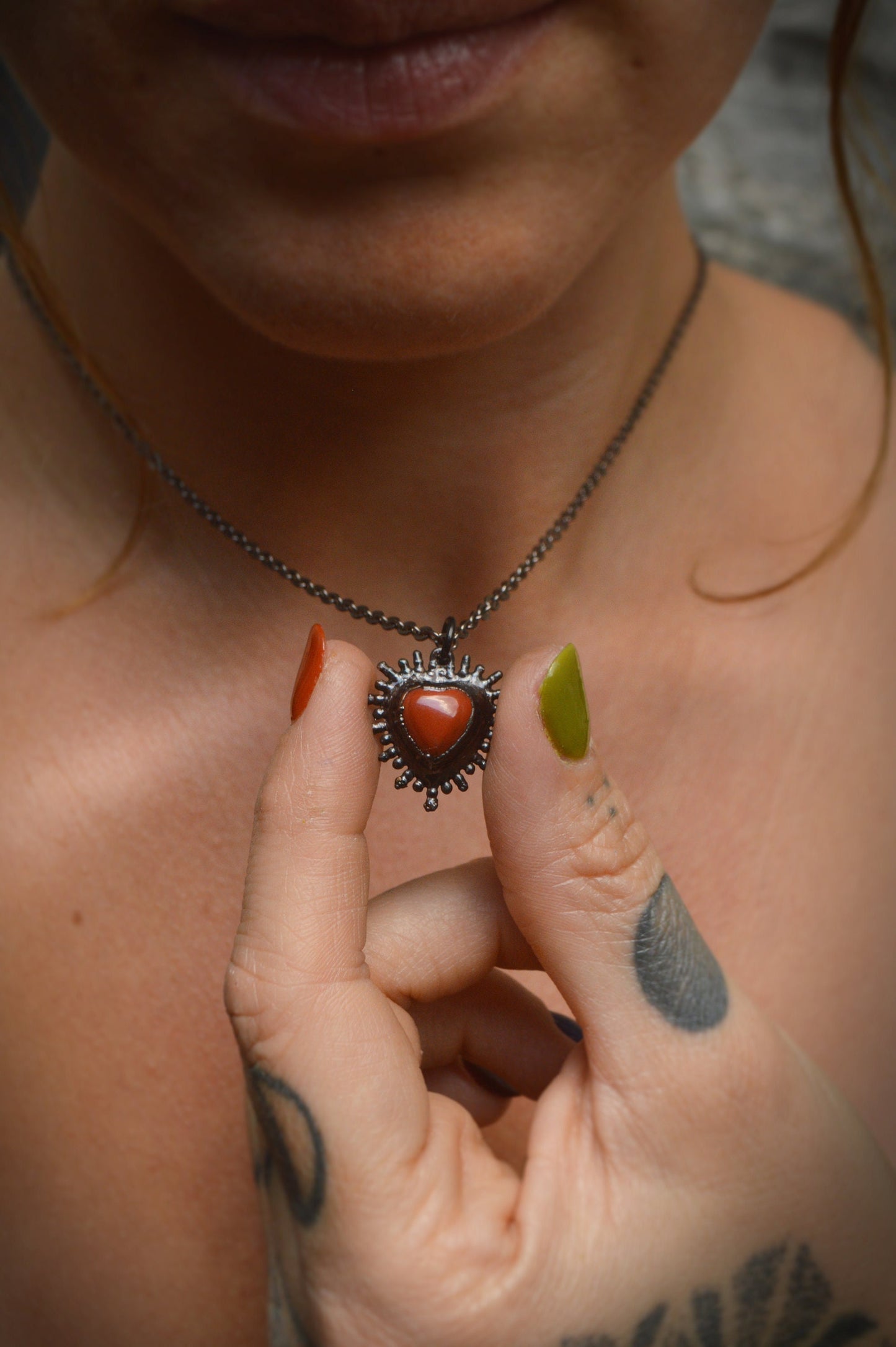 Frida collection - Carnelian flaming heart pendant. Mystical boho jewellery in copper or gunmetal