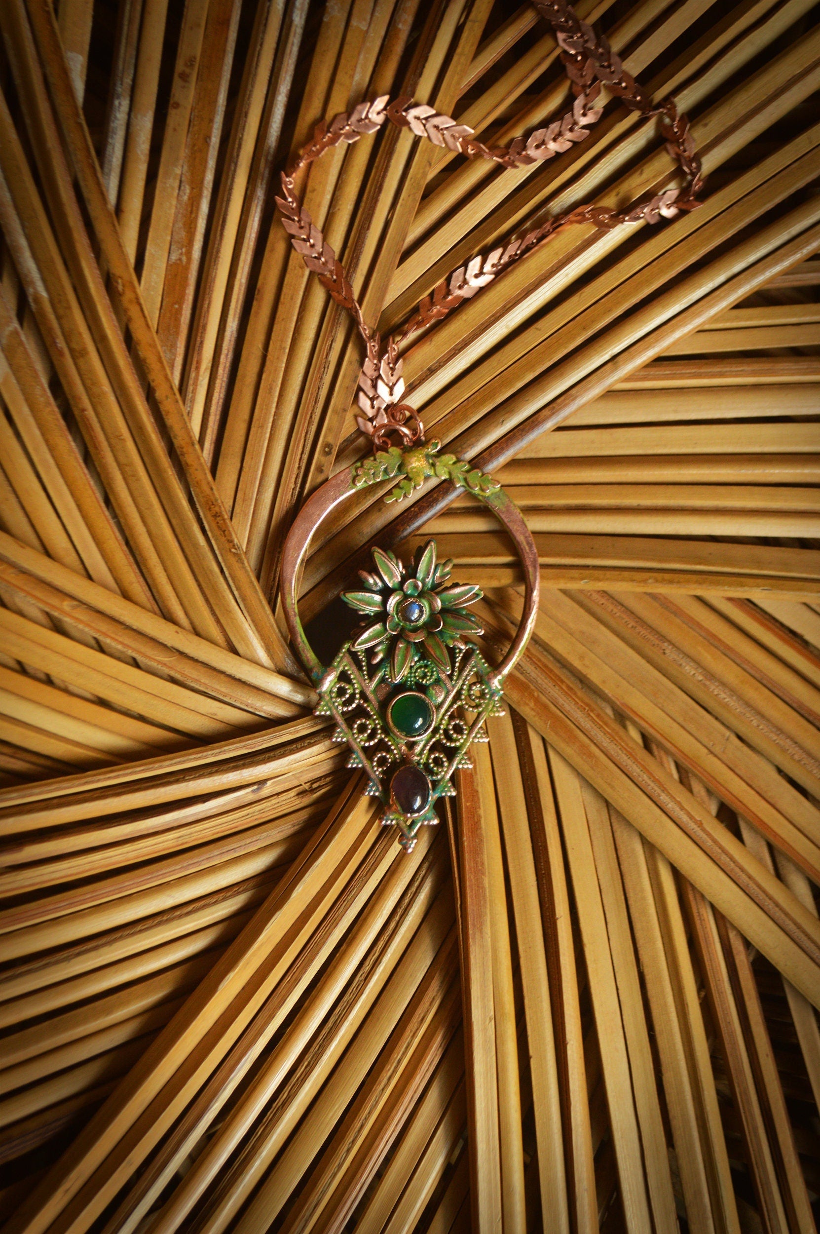 Frida collection - Tribal inspired flower pendant with labradorite, amethyst and green onyx