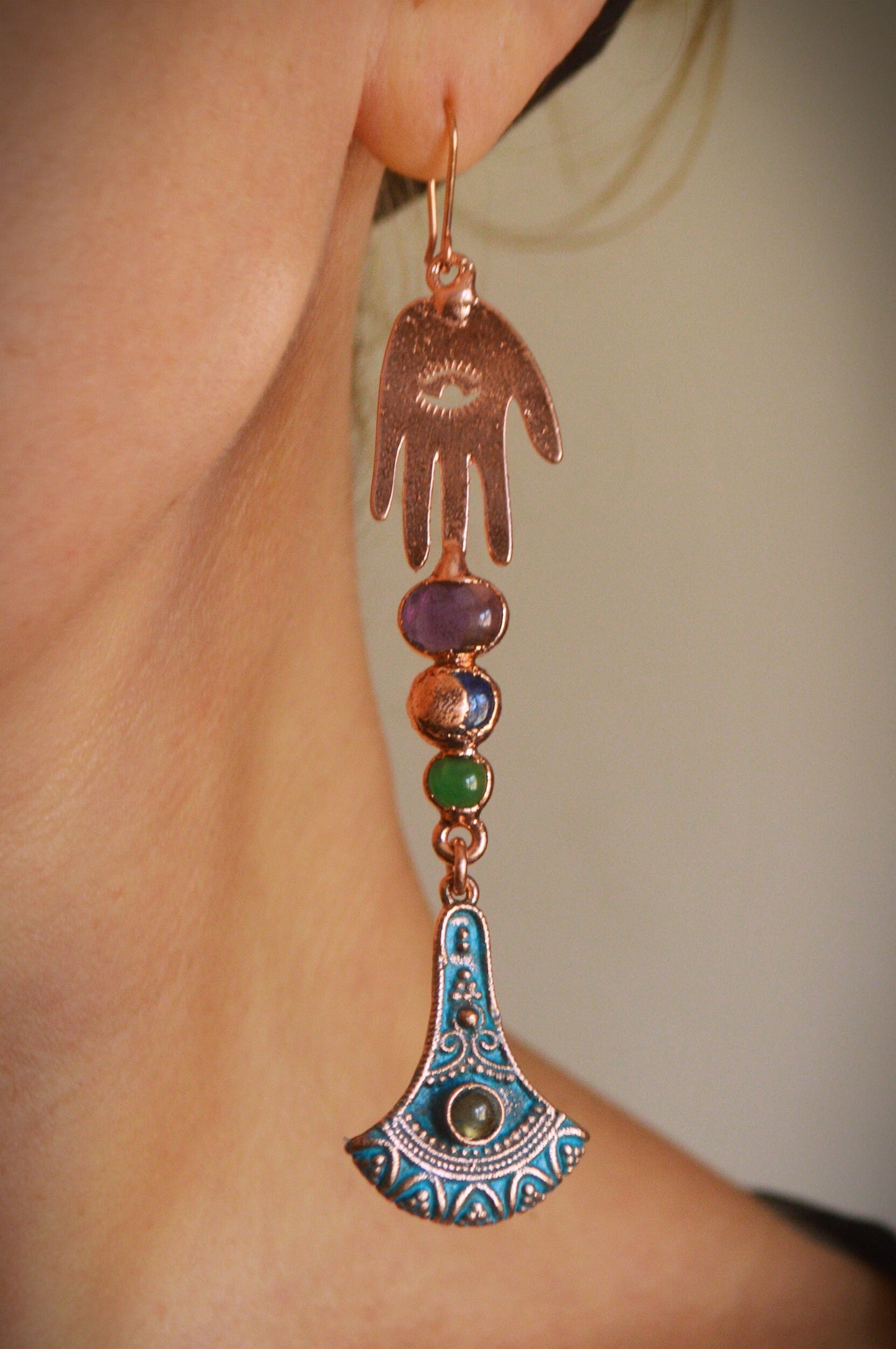 Frida collection - Extra long dangling copper earrings with four crystal combination