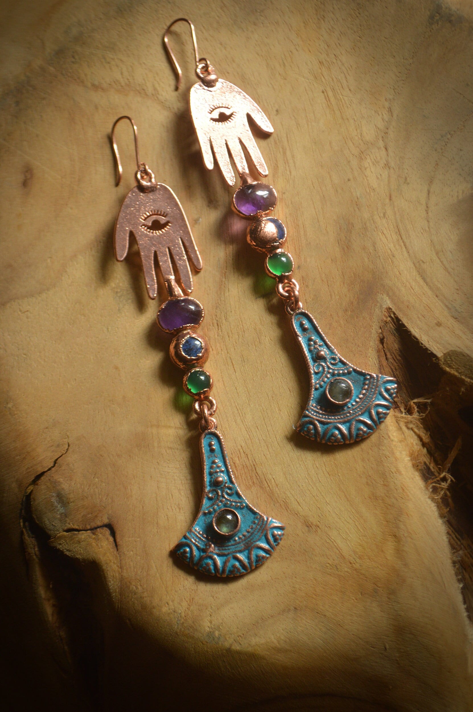 Frida collection - Extra long dangling copper earrings with four crystal combination