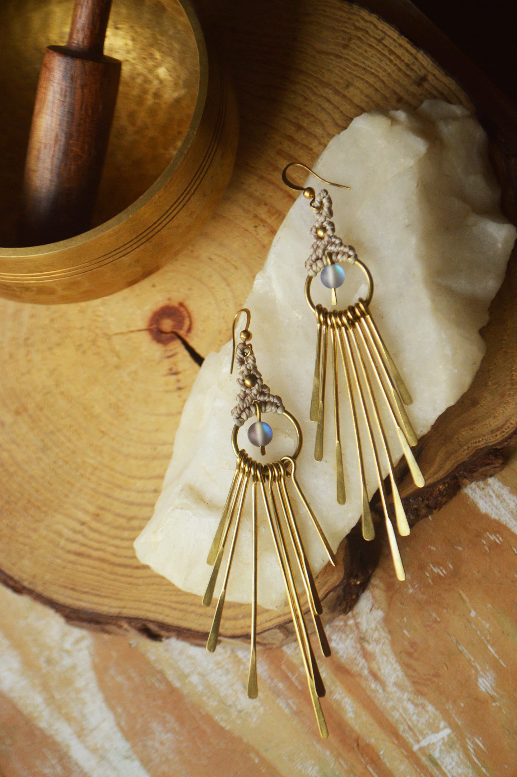 Long brass fringe dangling earrings with flashy glass bead charm. Beige macrame jewellery. Boho fairy jewellery