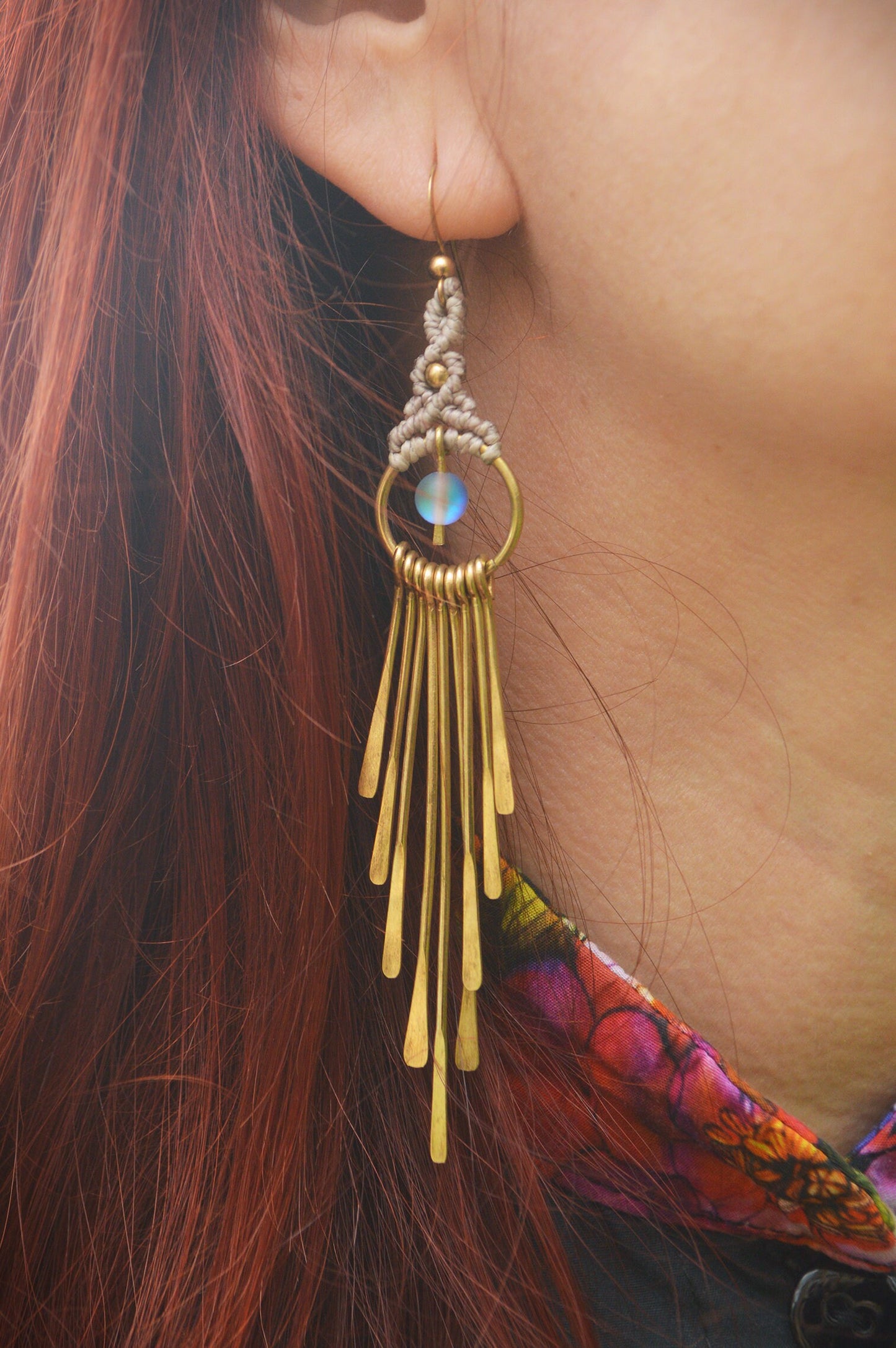 Long brass fringe dangling earrings with flashy glass bead charm. Beige macrame jewellery. Boho fairy jewellery