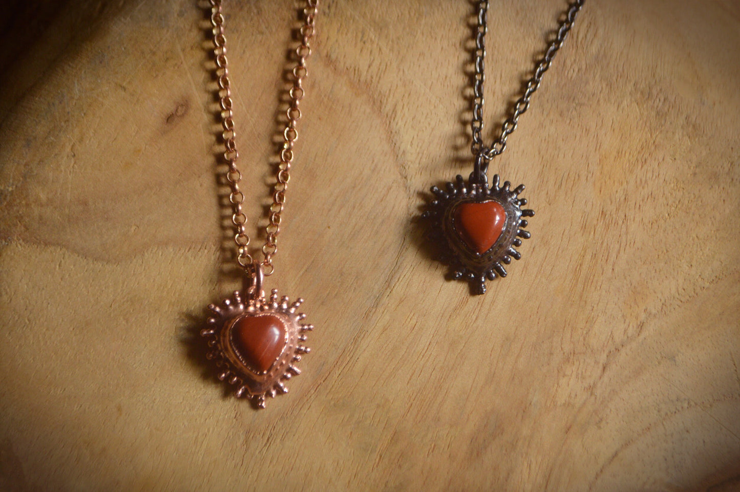 Frida collection - Carnelian flaming heart pendant. Mystical boho jewellery in copper or gunmetal