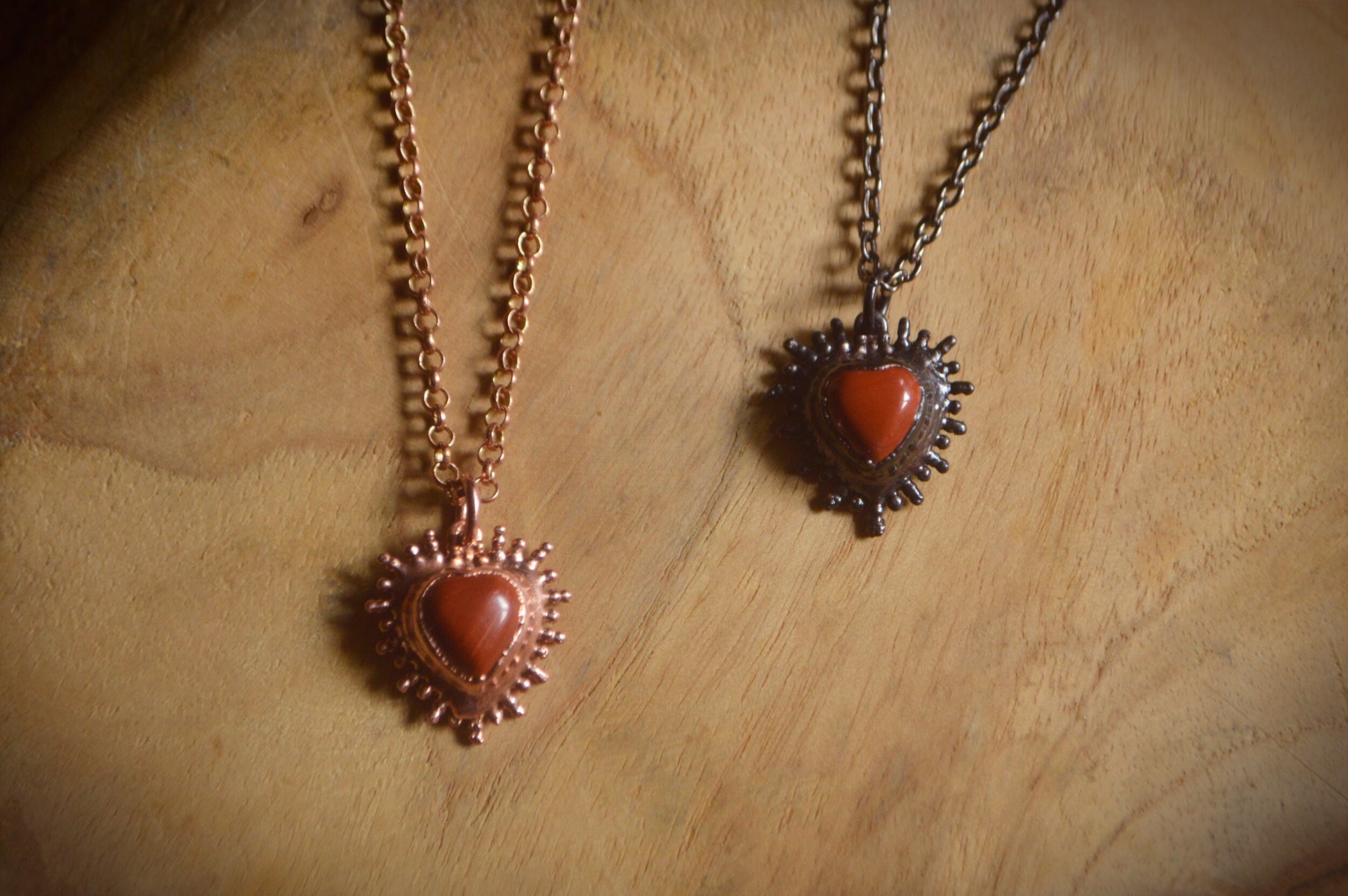 Frida collection - Carnelian flaming heart pendant. Mystical boho jewellery in copper or gunmetal