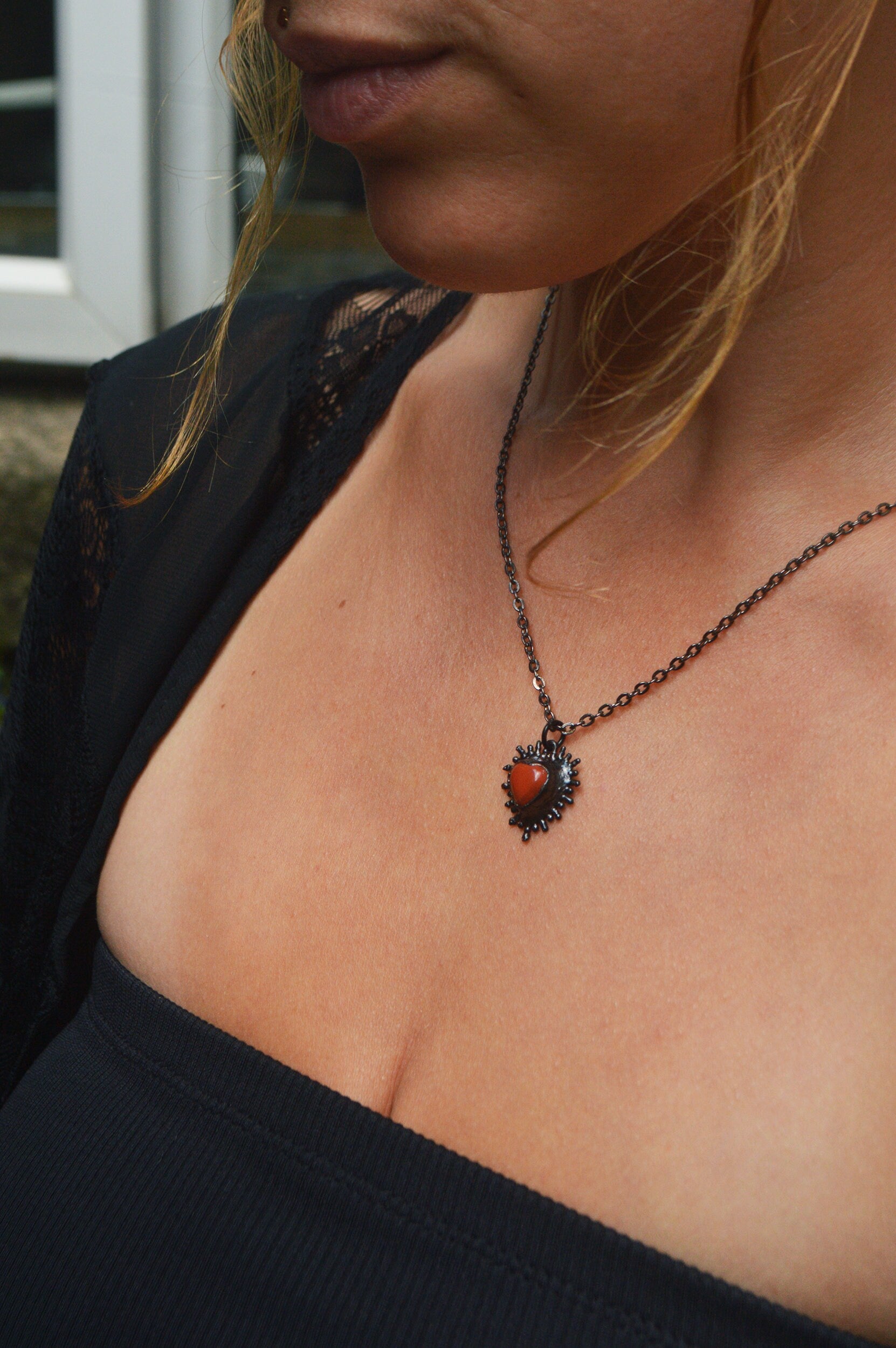 Frida collection - Carnelian flaming heart pendant. Mystical boho jewellery in copper or gunmetal