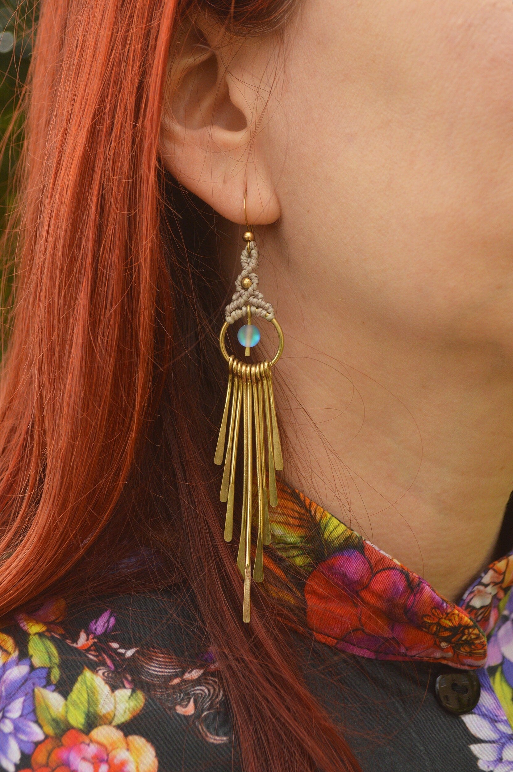 Long brass fringe dangling earrings with flashy glass bead charm. Beige macrame jewellery. Boho fairy jewellery