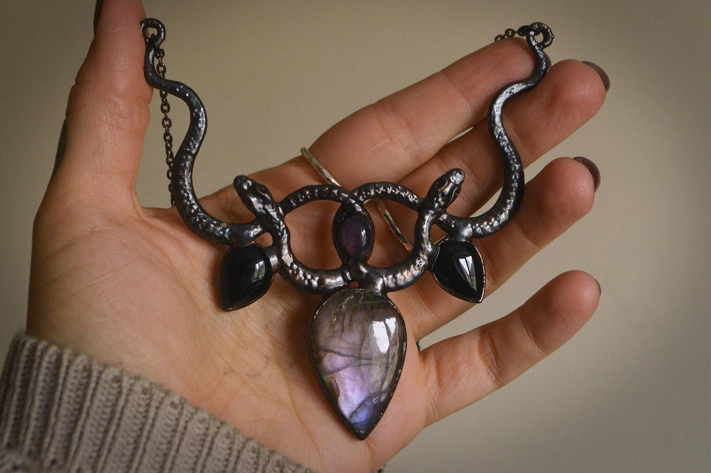 Nocturna collection - Black statement collar. Amethyst, black onyx and purple labradorite. Witchy amulet necklace