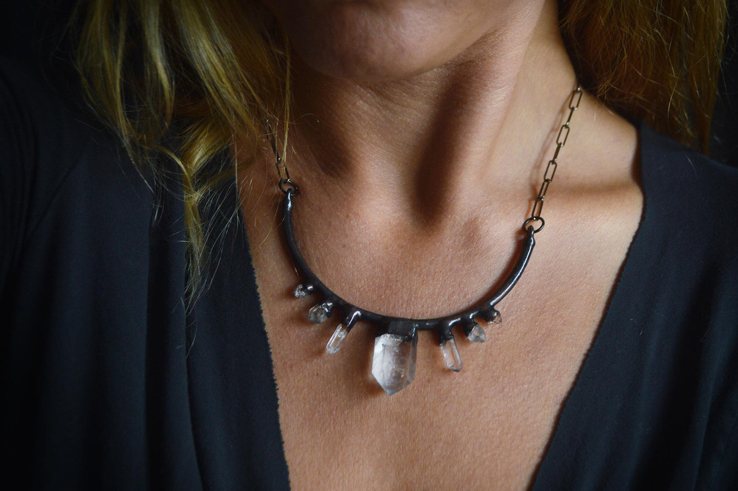 Nocturna collection - Raw quartz collar, statement gunmetal necklace with seven natural crystals