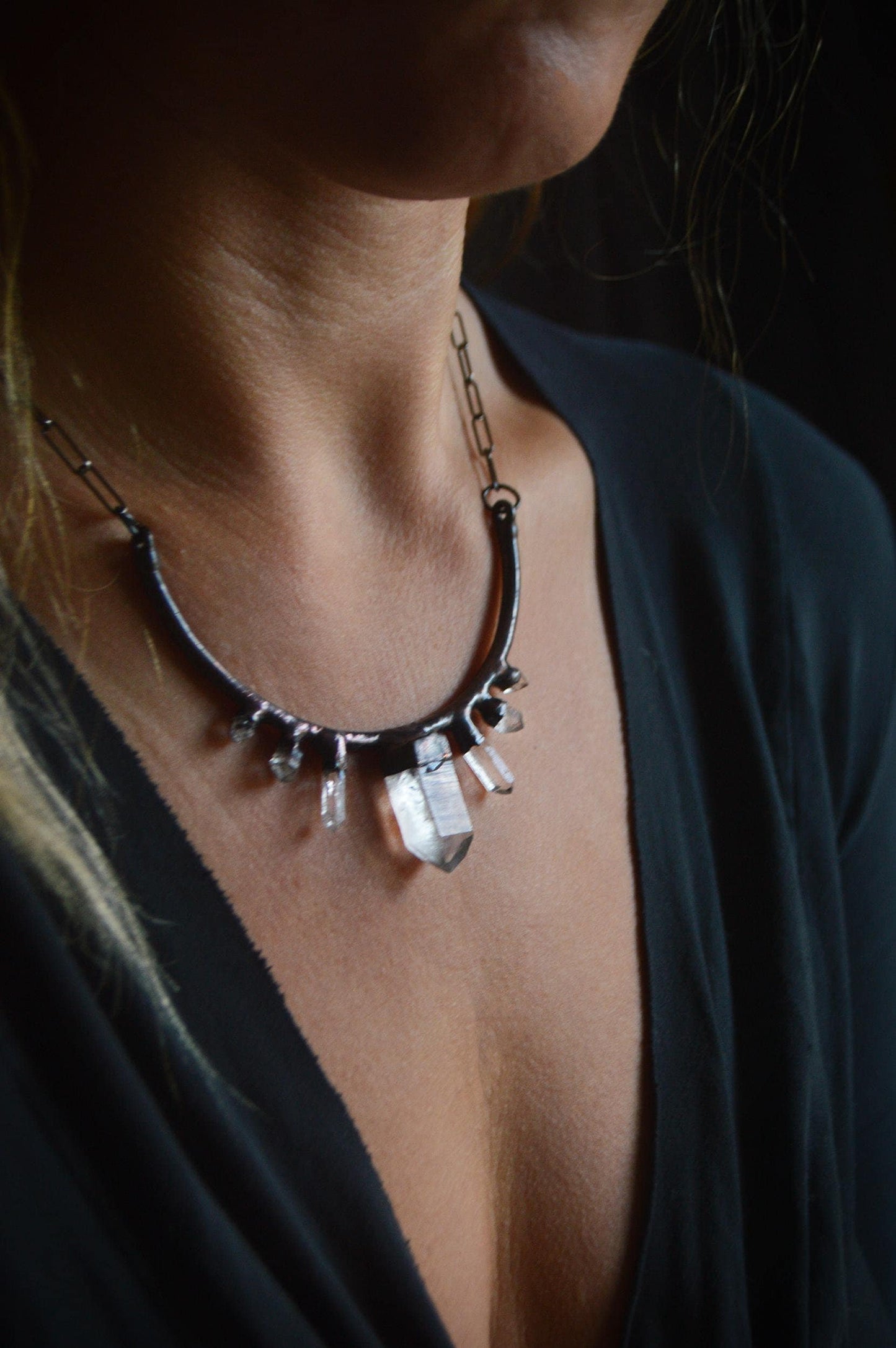 Nocturna collection - Raw quartz collar, statement gunmetal necklace with seven natural crystals