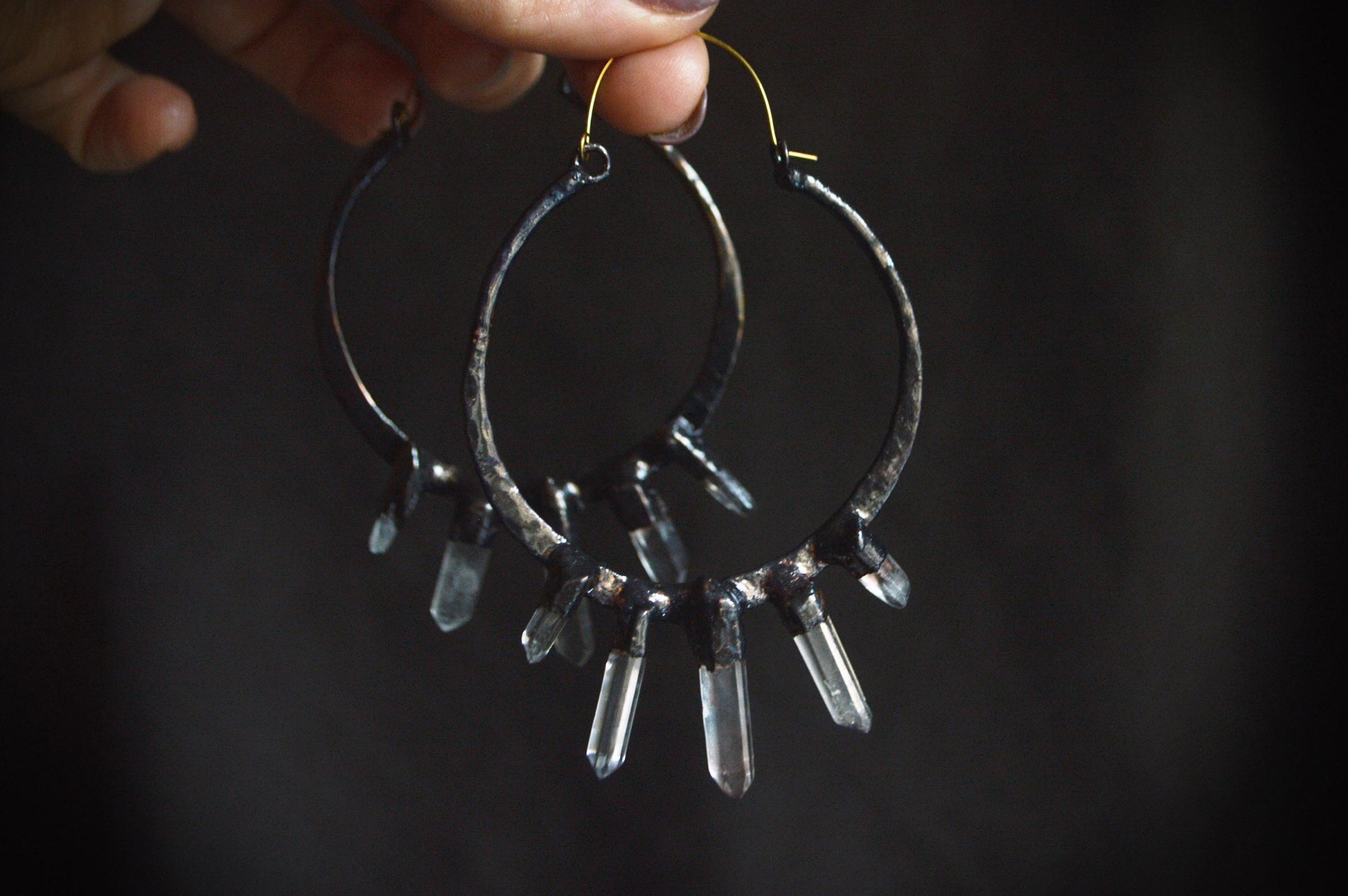 Nocturna collection - Oversized hammered black hoops with quartz points. Electroformed rustic jewellery