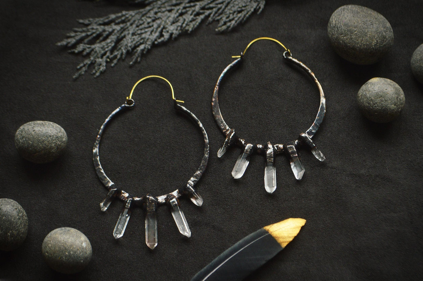 Nocturna collection - Oversized hammered black hoops with quartz points. Electroformed rustic jewellery