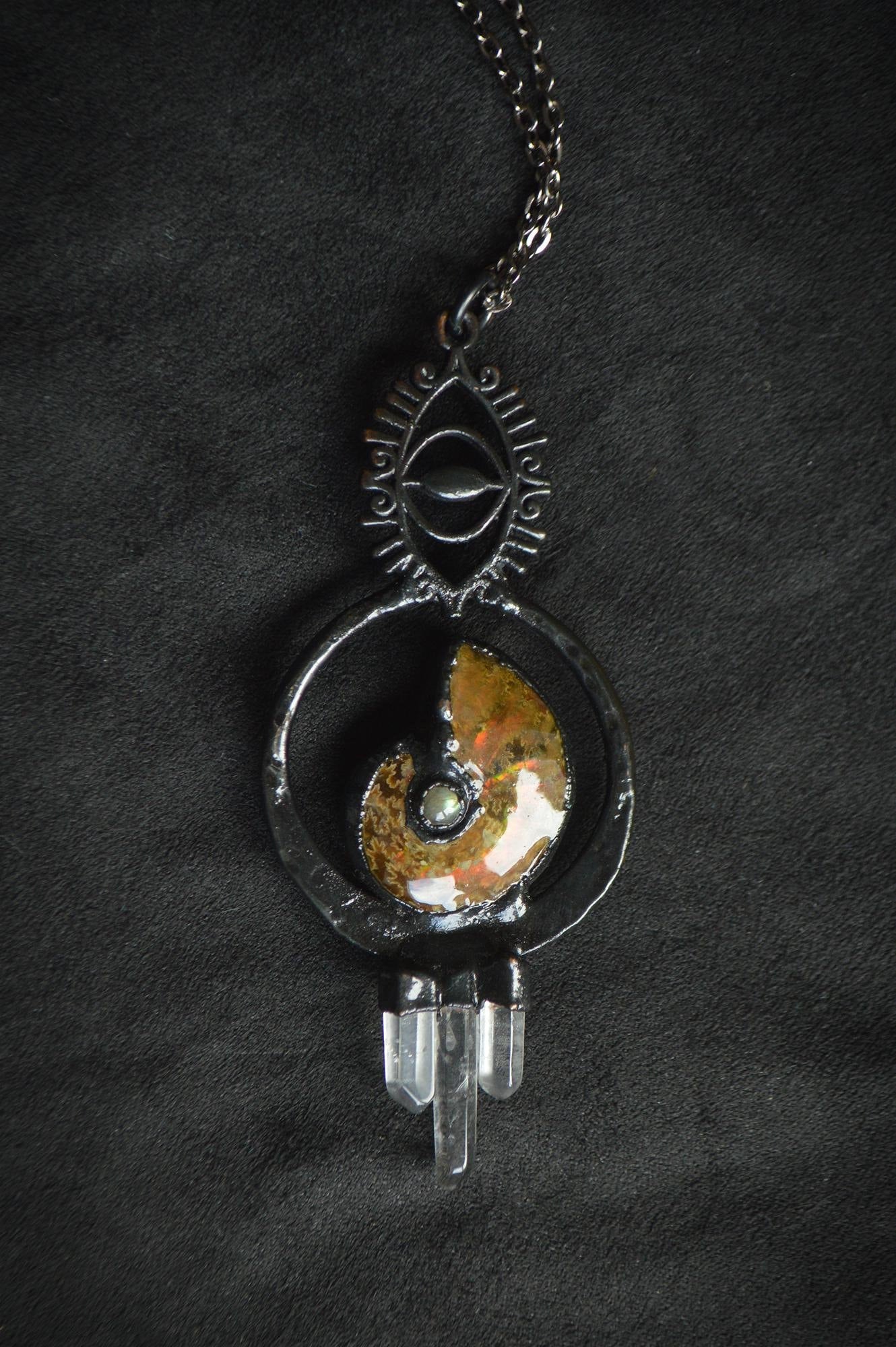 Nocturna collection - Labradorite, Ammolite and quartz statement pendant. All seeing eye pendant