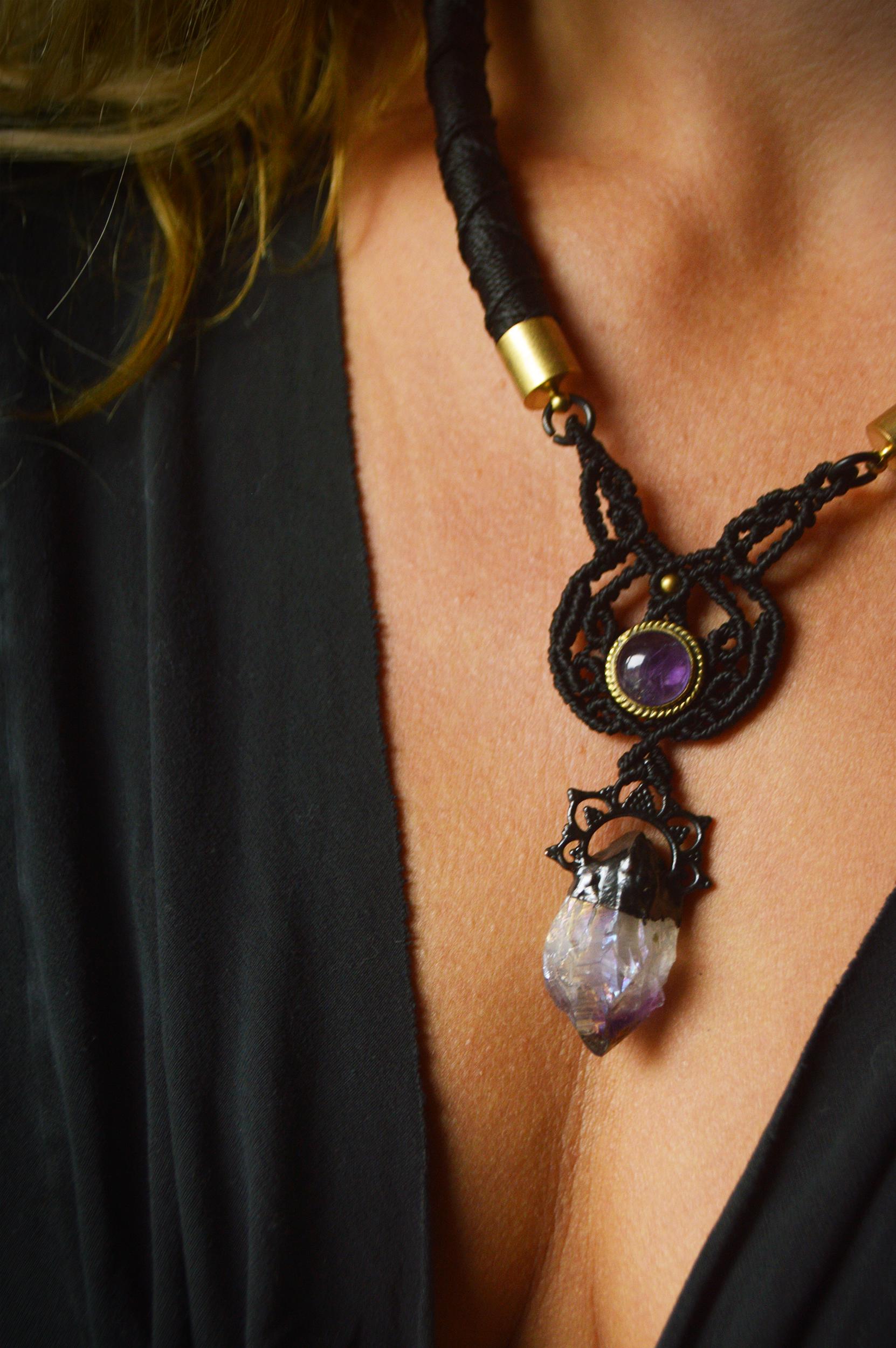 Nocturna collection - Amethyst and aurea amethyst torque necklace. All black jewellery