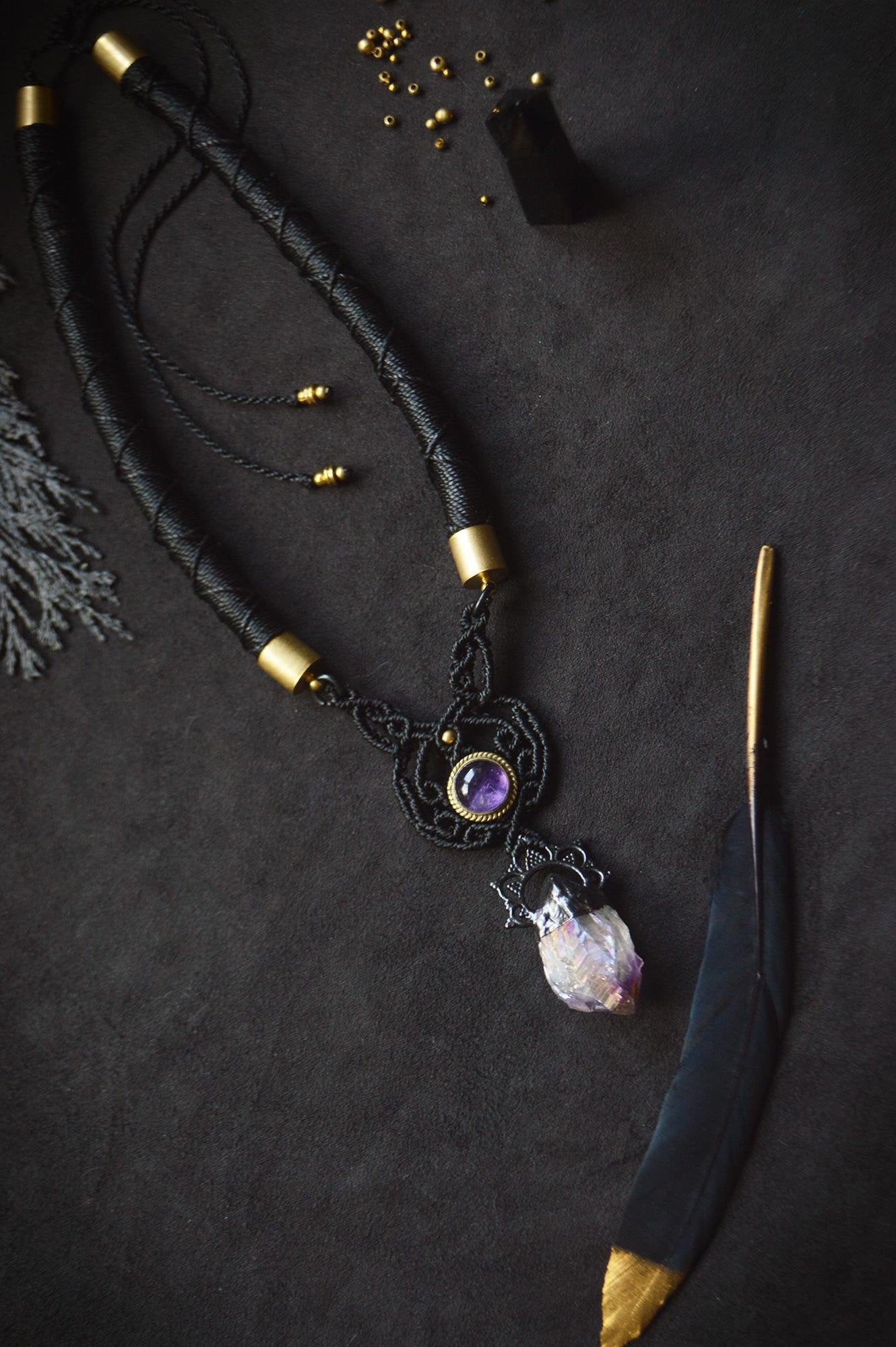 Nocturna collection - Amethyst and aurea amethyst torque necklace. All black jewellery