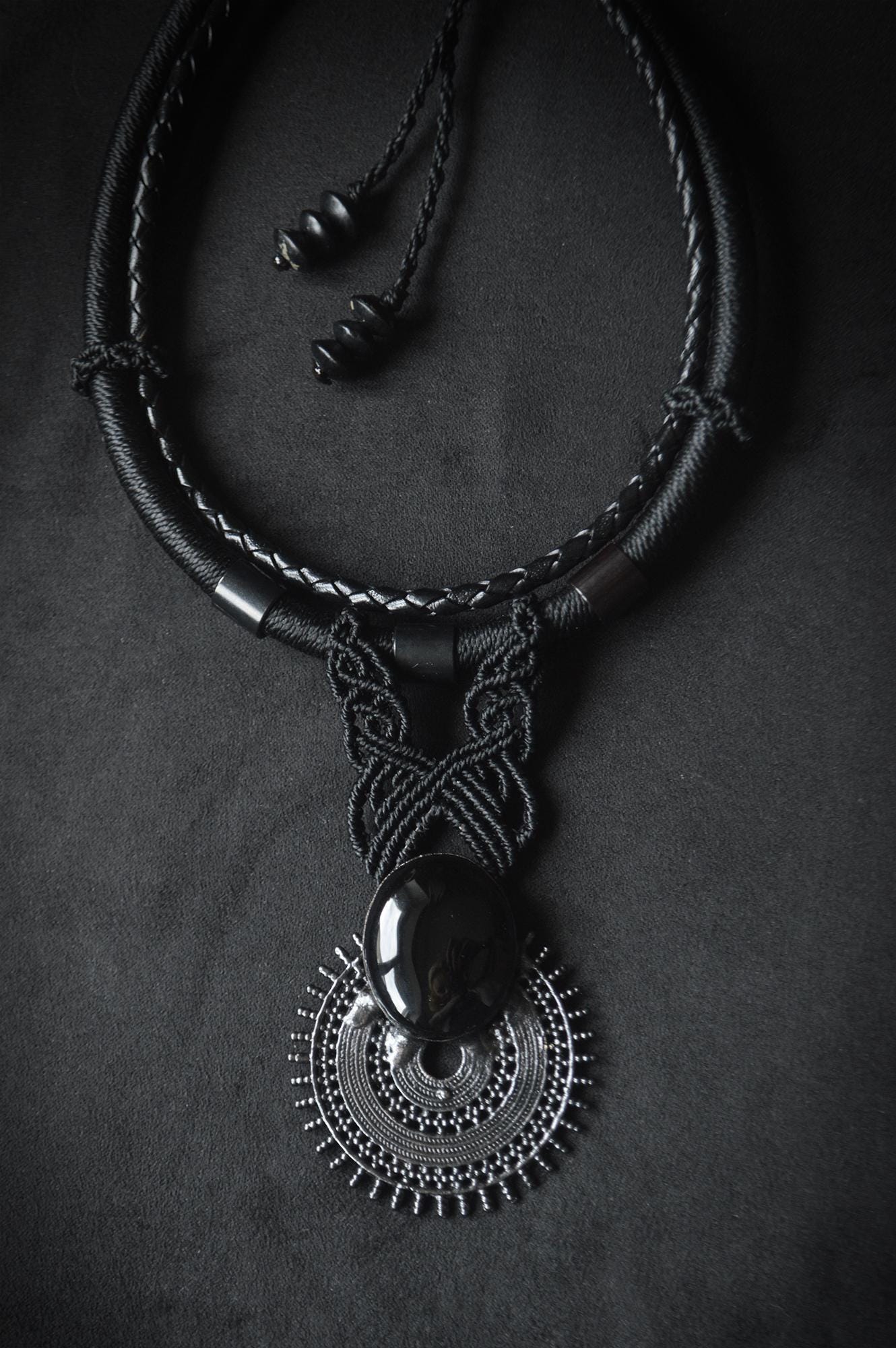 Nocturna collection - Total black Onyx electroformed pendant on macrame and leather torque necklace