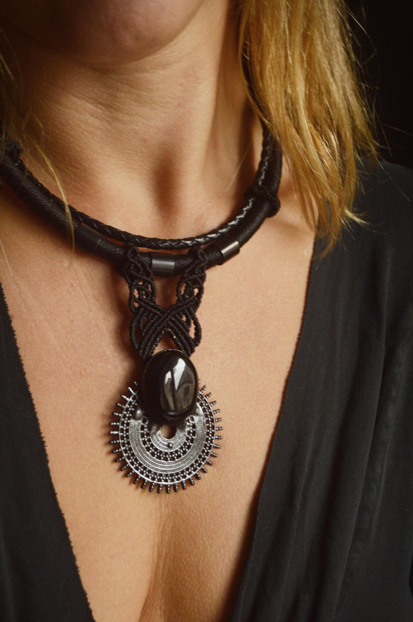 Nocturna collection - Total black Onyx electroformed pendant on macrame and leather torque necklace