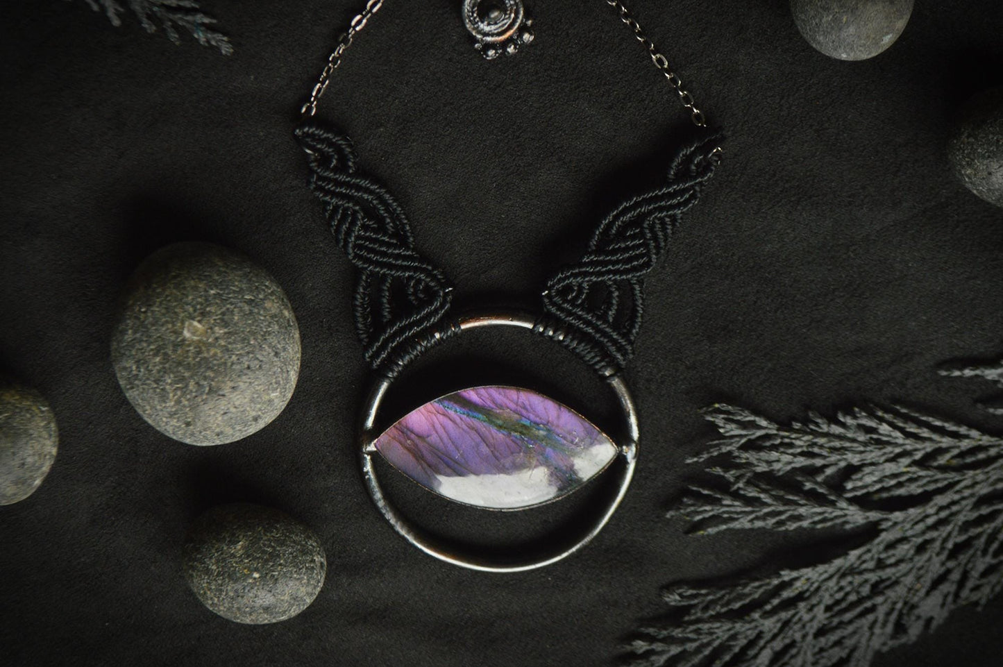 Nocturna collection - Total black purple labradorite electroformed pendant with macrame detail necklace