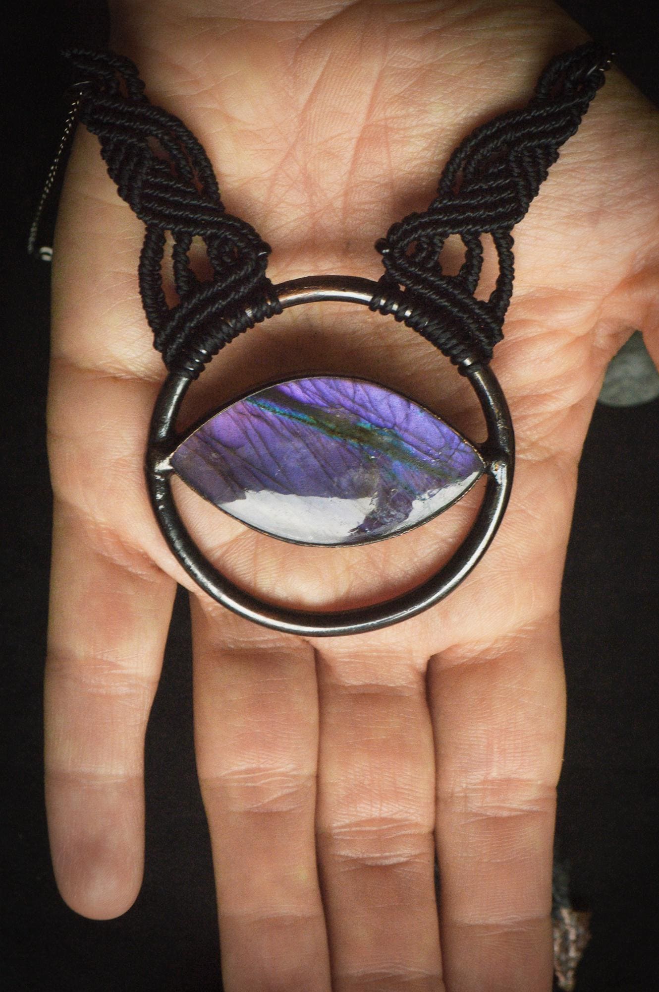 Nocturna collection - Total black purple labradorite electroformed pendant with macrame detail necklace