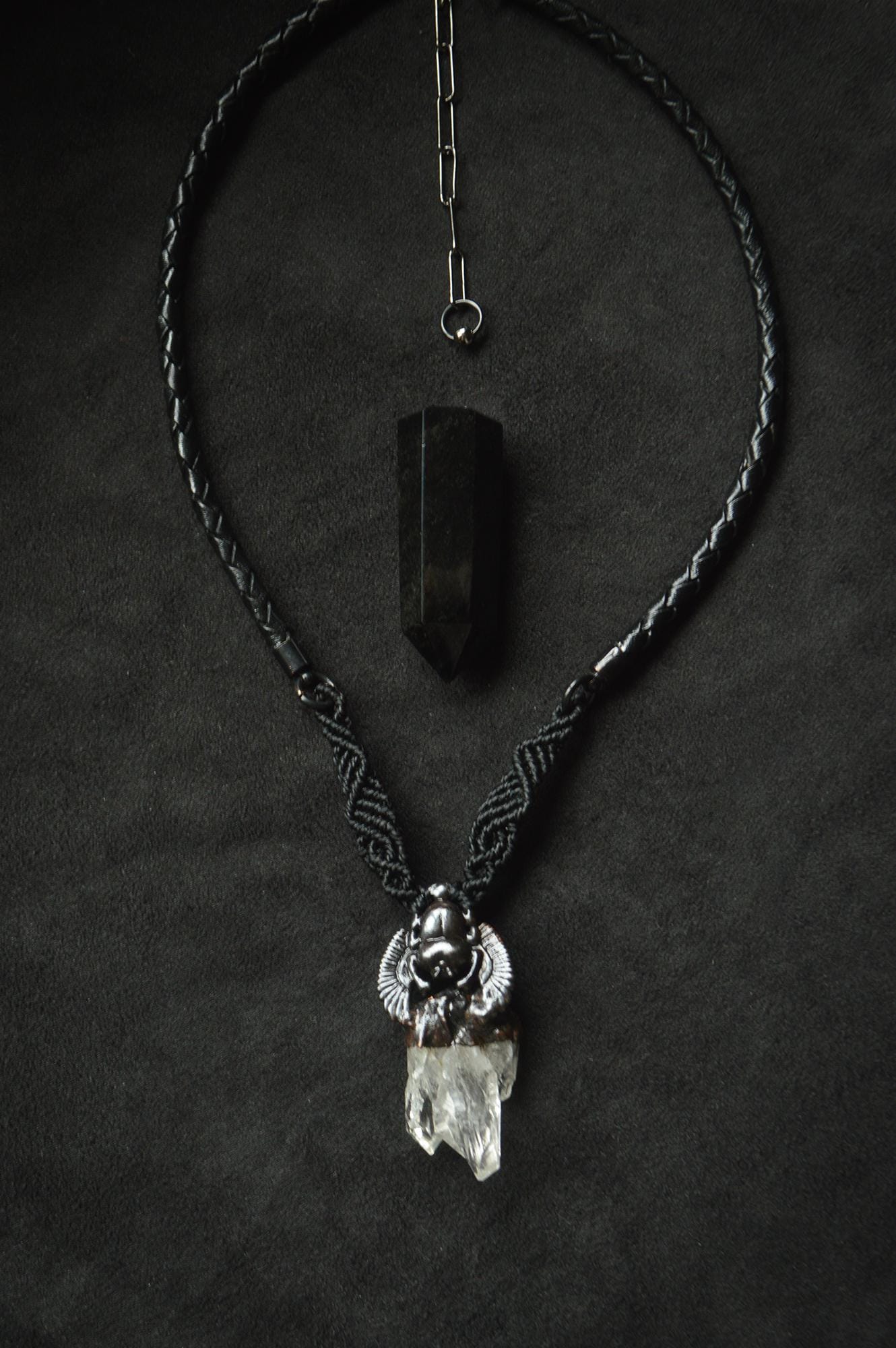 Nocturna collection - Total black Scarab design quartz pendant with macrame detail and leather necklace