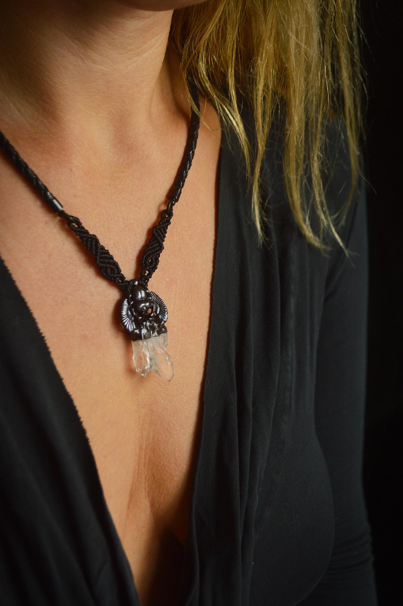 Nocturna collection - Total black Scarab design quartz pendant with macrame detail and leather necklace