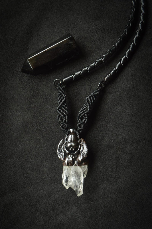 Nocturna collection - Total black Scarab design quartz pendant with macrame detail and leather necklace