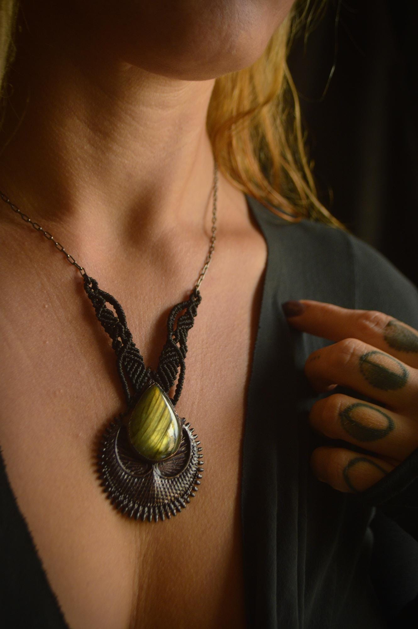 Nocturna collection - Total black purple labradorite electroformed pendant with macrame detail necklace