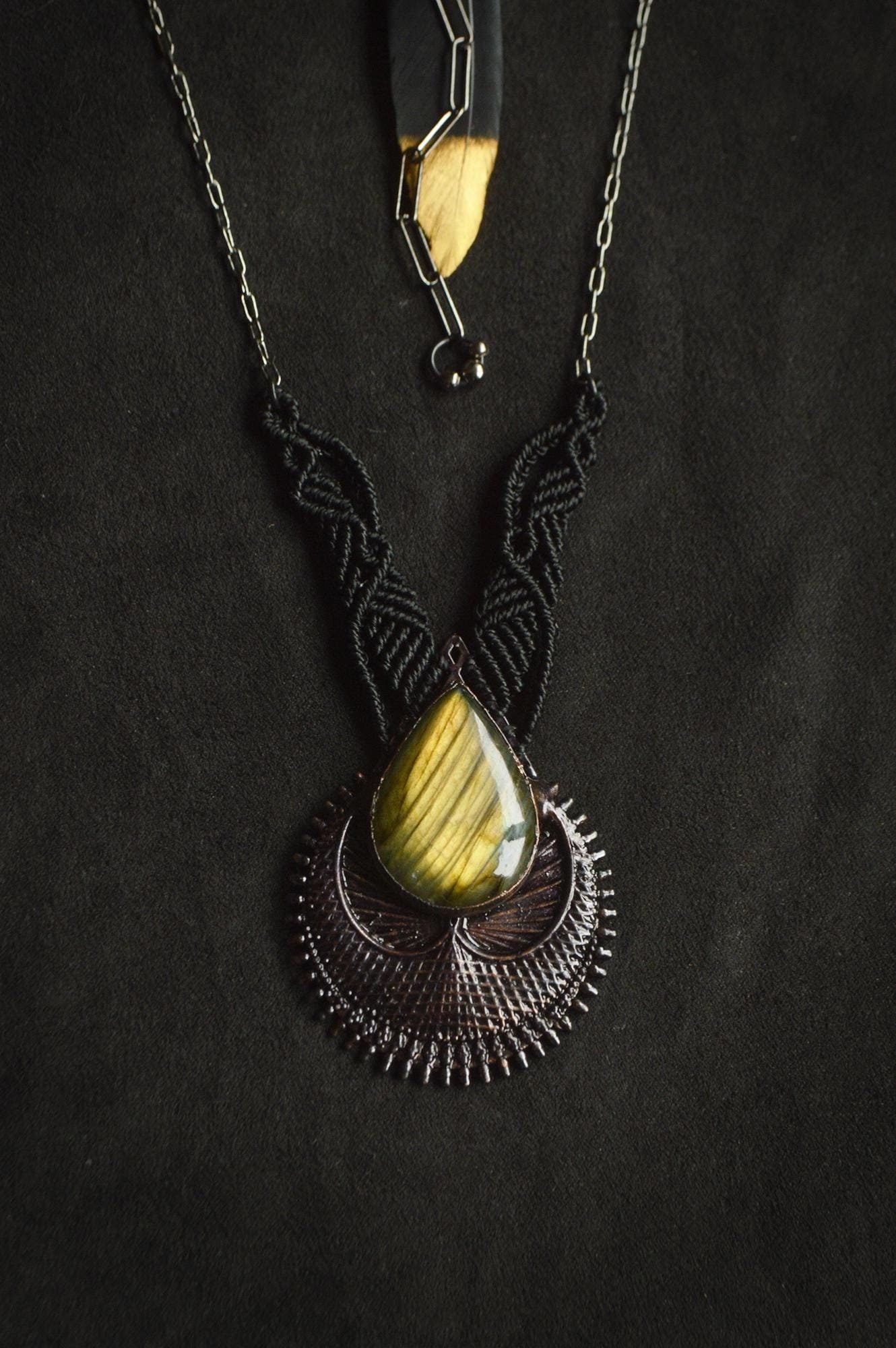 Nocturna collection - Total black purple labradorite electroformed pendant with macrame detail necklace