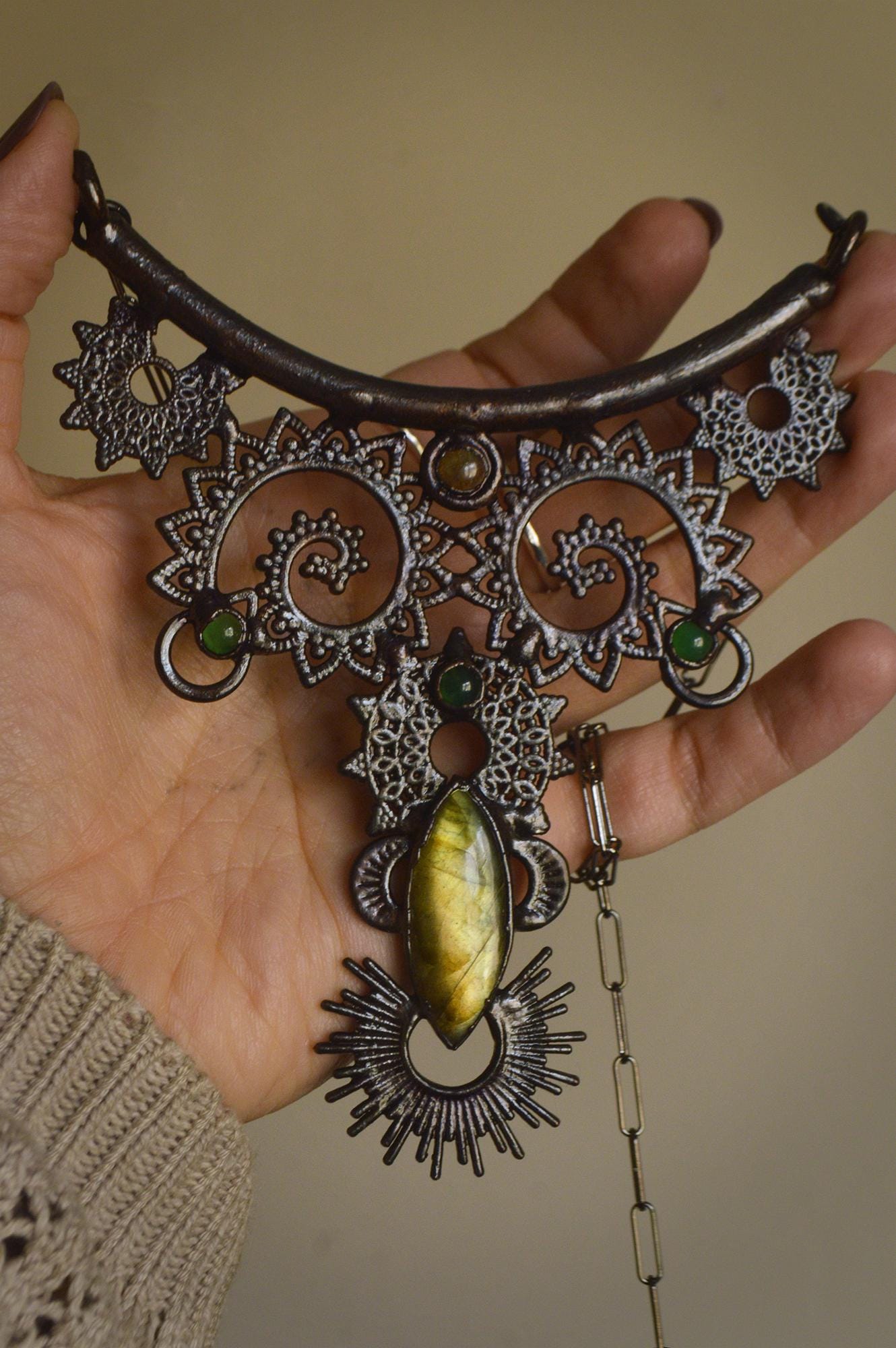 Nocturna collection -Dark tribal statement bib necklace. Gold labradorite and green onyx