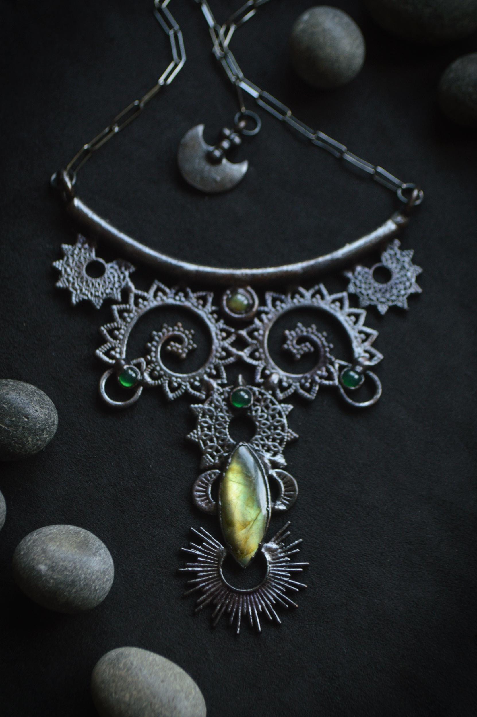 Nocturna collection -Dark tribal statement bib necklace. Gold labradorite and green onyx