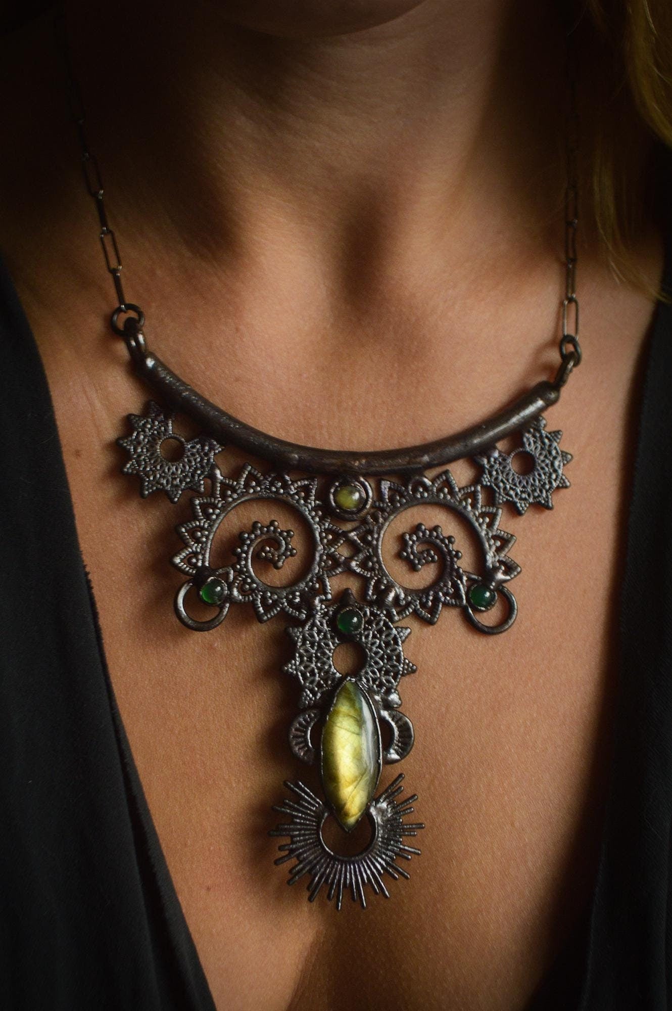 Nocturna collection -Dark tribal statement bib necklace. Gold labradorite and green onyx