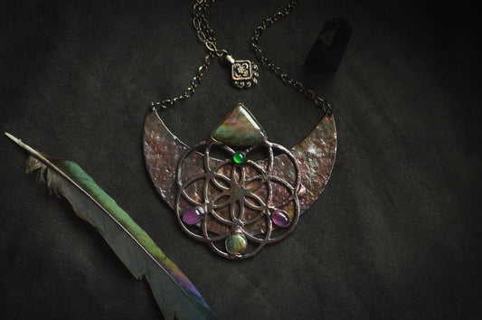 Nocturna collection - Black statement collar. Rainbow labradorite and black onyx. Witchy amulet necklace