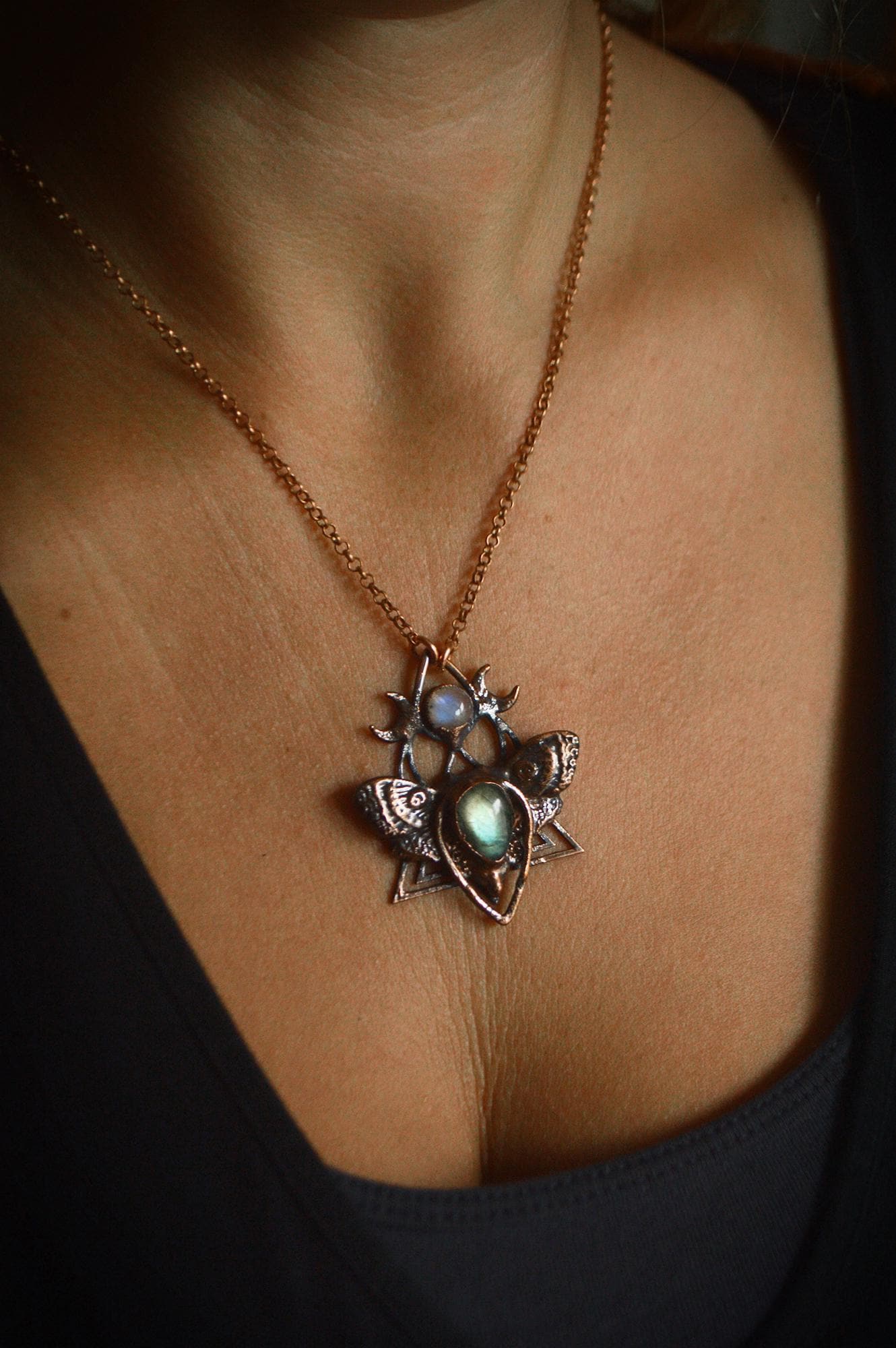 Moth copper necklace with flashy labradorite stone. Witchy boho magic fairycore jewellery