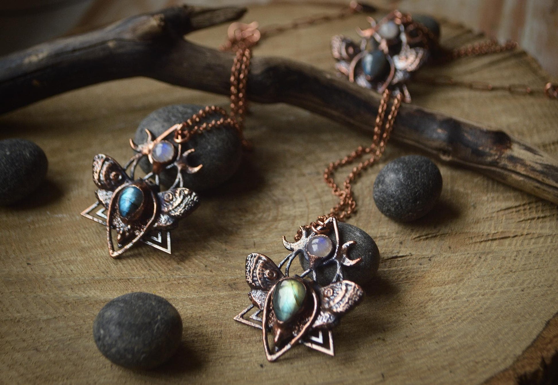 Moth copper necklace with flashy labradorite stone. Witchy boho magic fairycore jewellery