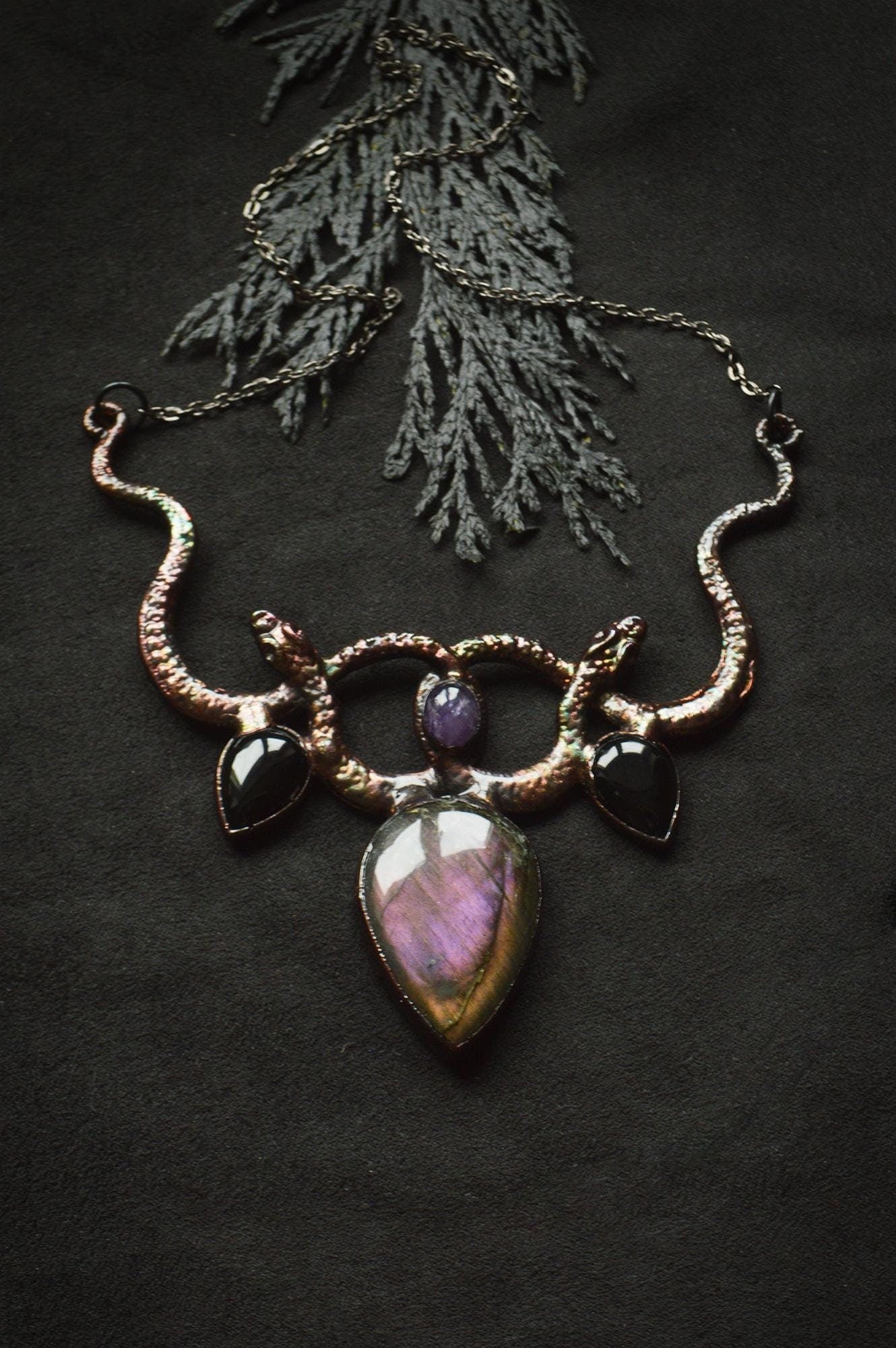 Nocturna collection - Black statement collar. Amethyst, black onyx and purple labradorite. Witchy amulet necklace