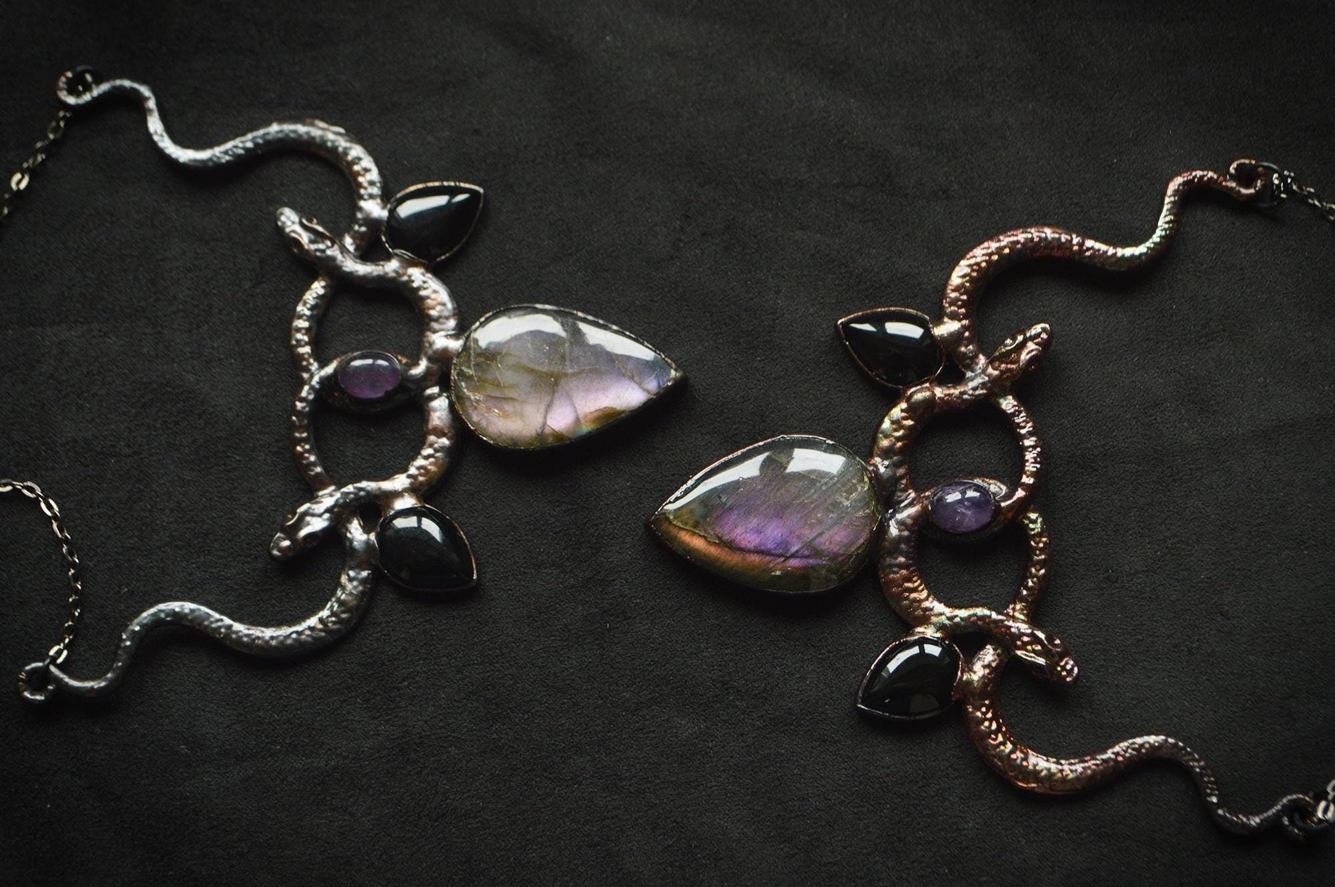 Nocturna collection - Black statement collar. Amethyst, black onyx and purple labradorite. Witchy amulet necklace