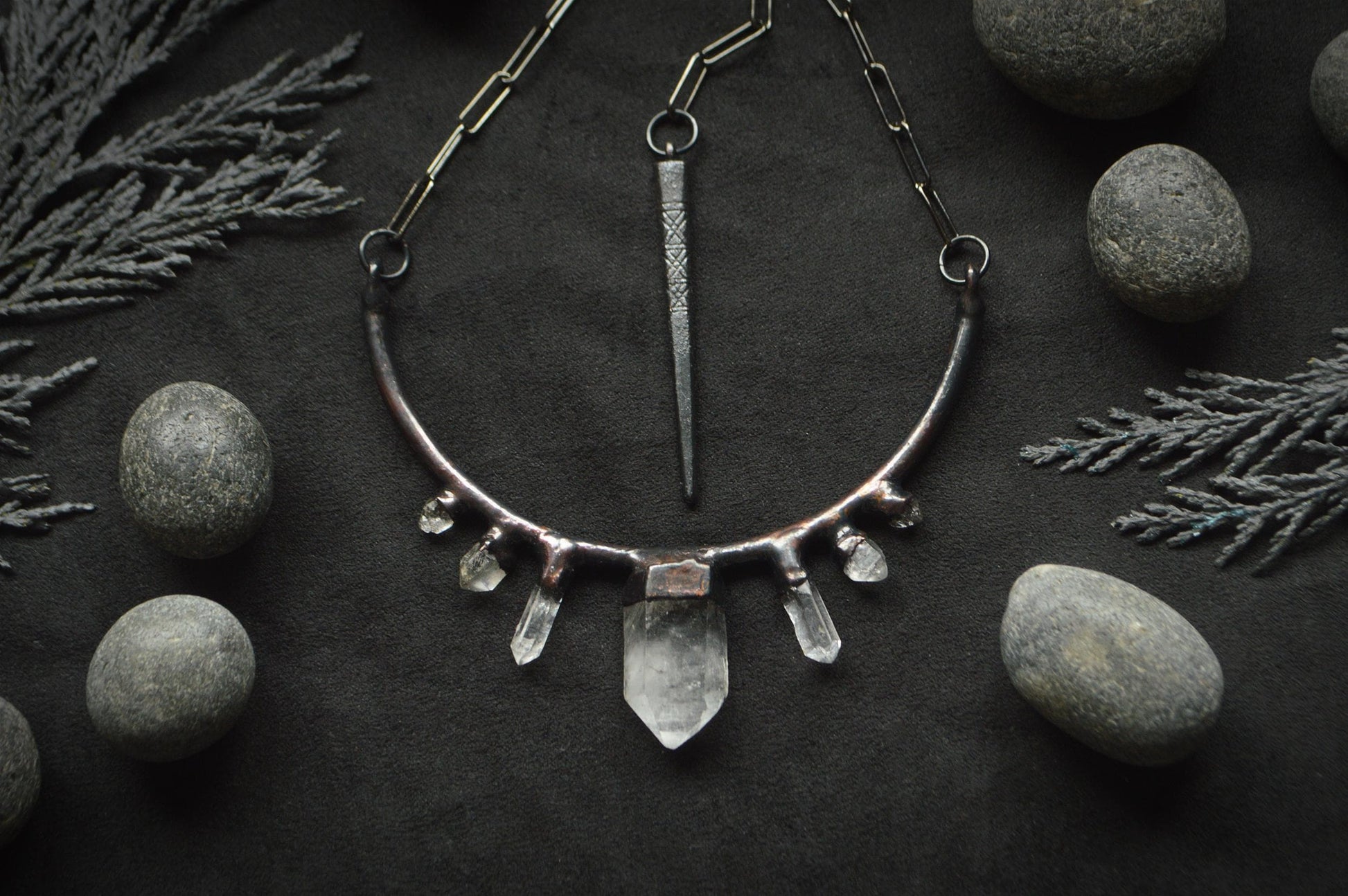 Nocturna collection - Raw quartz collar, statement gunmetal necklace with seven natural crystals