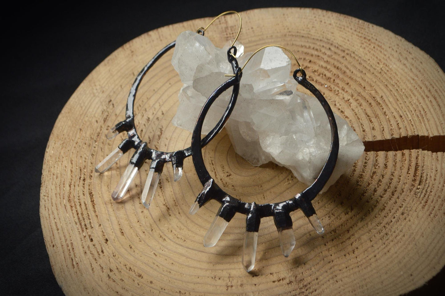 Nocturna collection - Oversized hammered black hoops with quartz points. Electroformed rustic jewellery