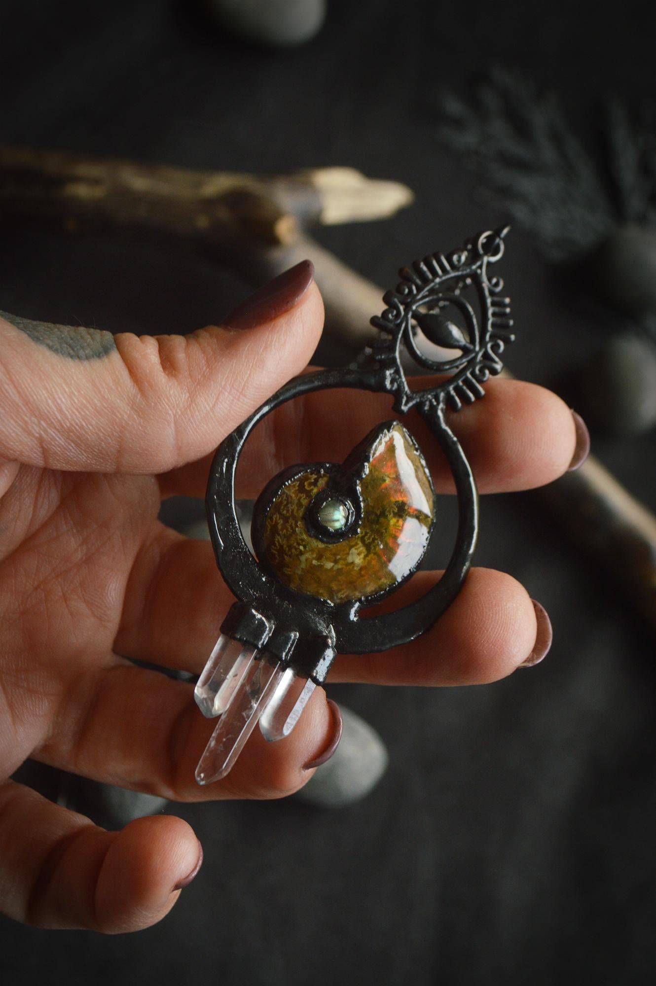 Nocturna collection - Labradorite, Ammolite and quartz statement pendant. All seeing eye pendant