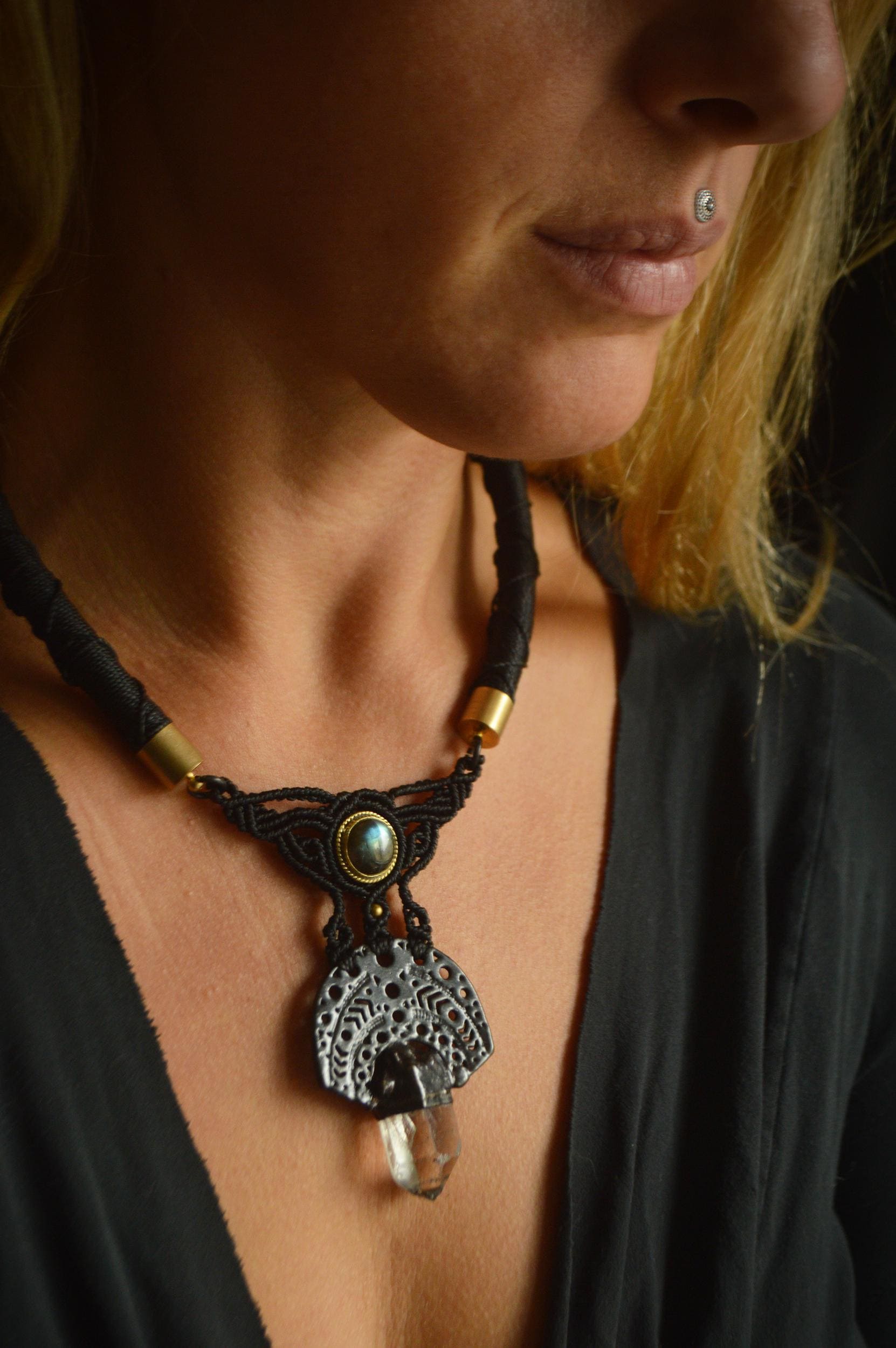 Nocturna collection - Labradorite and quartz torque necklace. All black jewellery