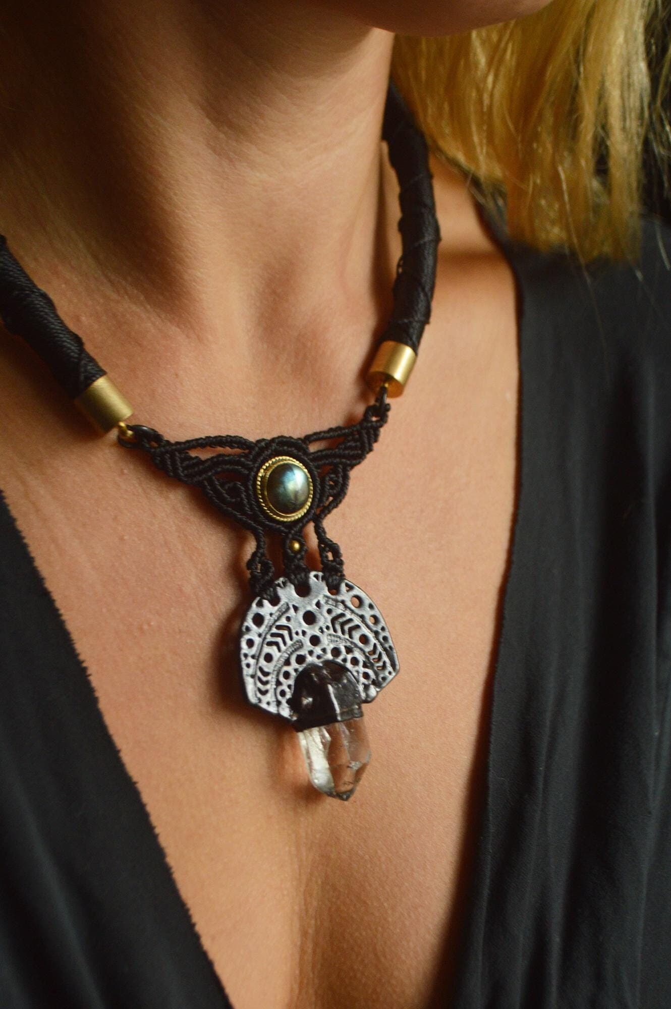 Nocturna collection - Labradorite and quartz torque necklace. All black jewellery