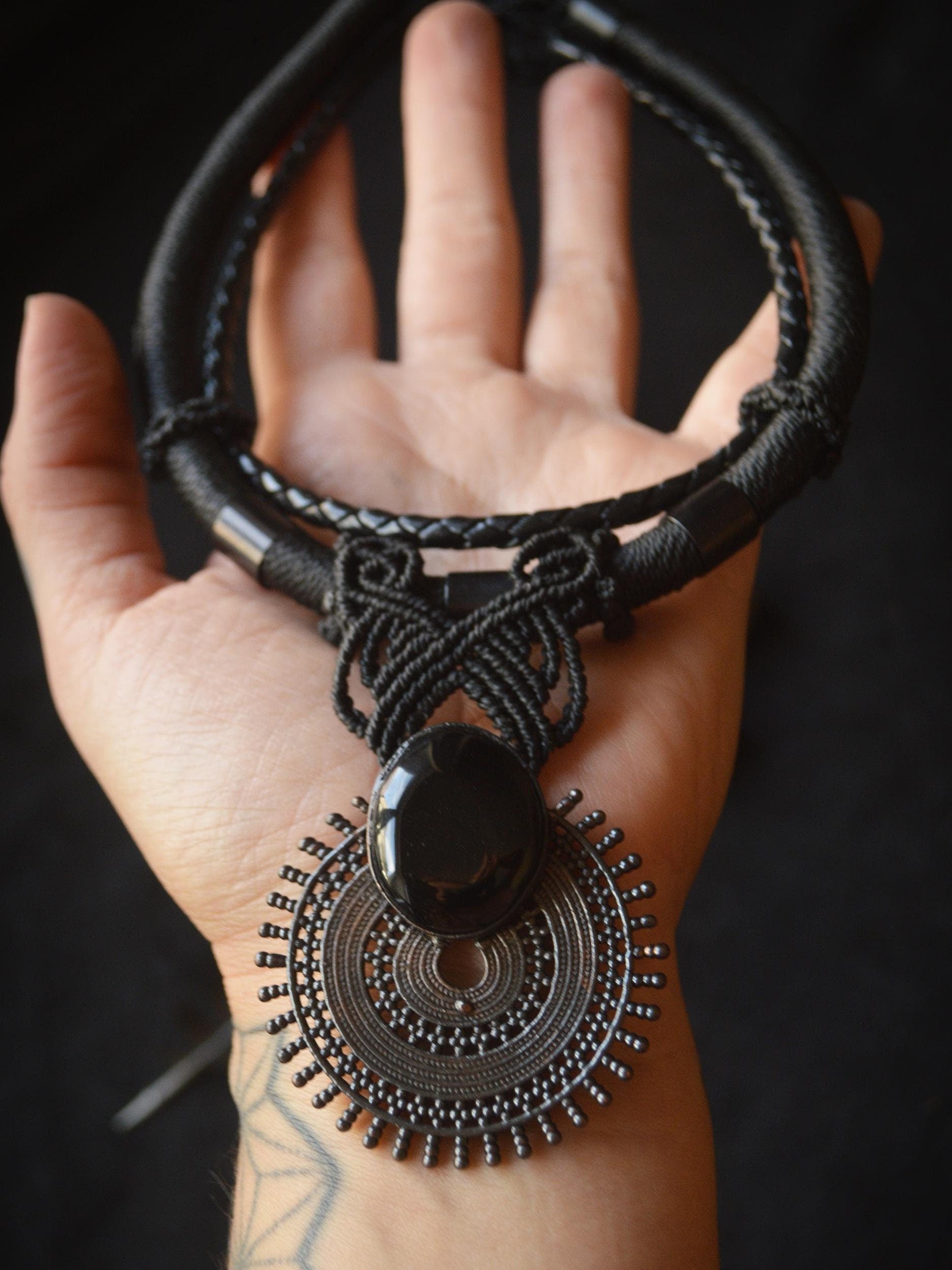 Nocturna collection - Total black Onyx electroformed pendant on macrame and leather torque necklace