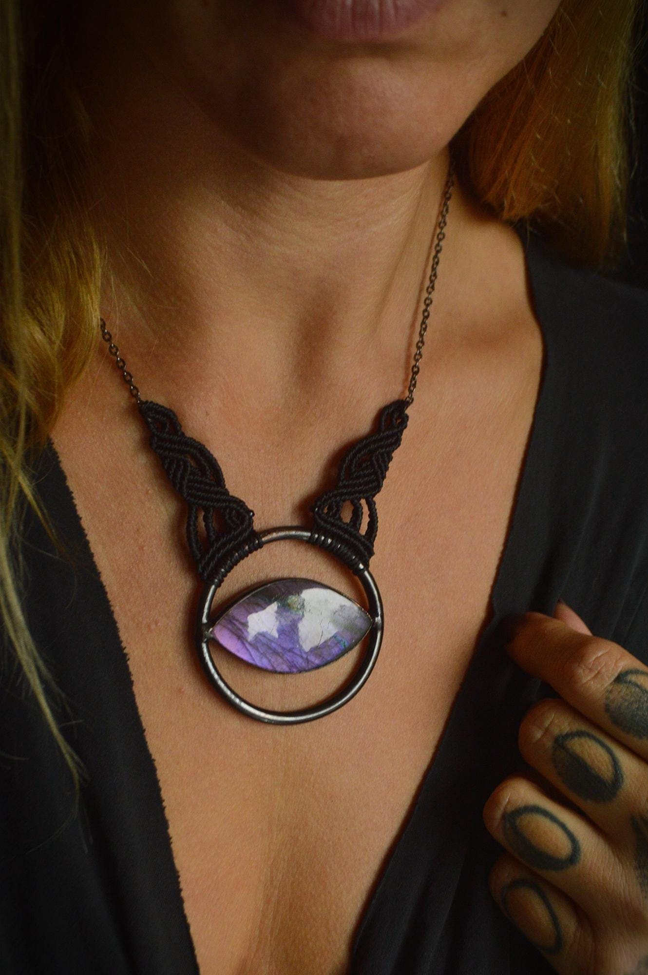 Nocturna collection - Total black purple labradorite electroformed pendant with macrame detail necklace