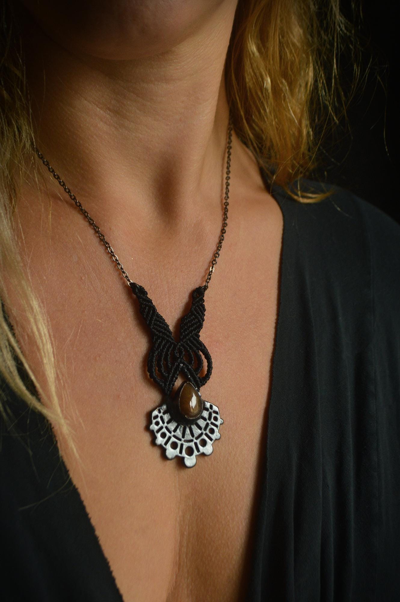 Nocturna collection - Total black sunstone iolite electroformed pendant with macrame detail necklace