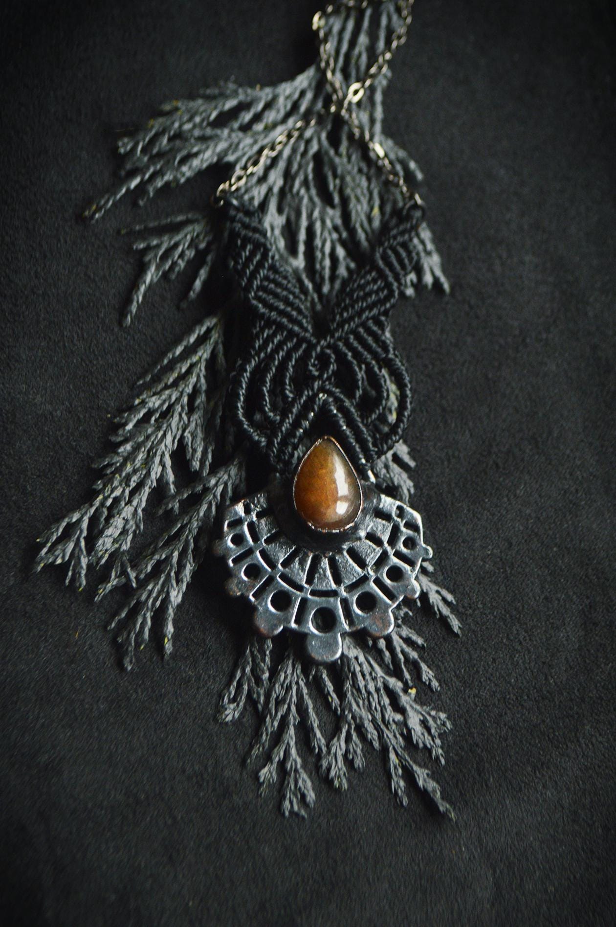 Nocturna collection - Total black sunstone iolite electroformed pendant with macrame detail necklace