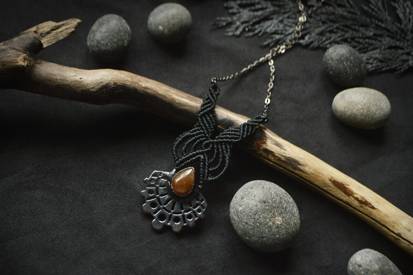 Nocturna collection - Total black sunstone iolite electroformed pendant with macrame detail necklace