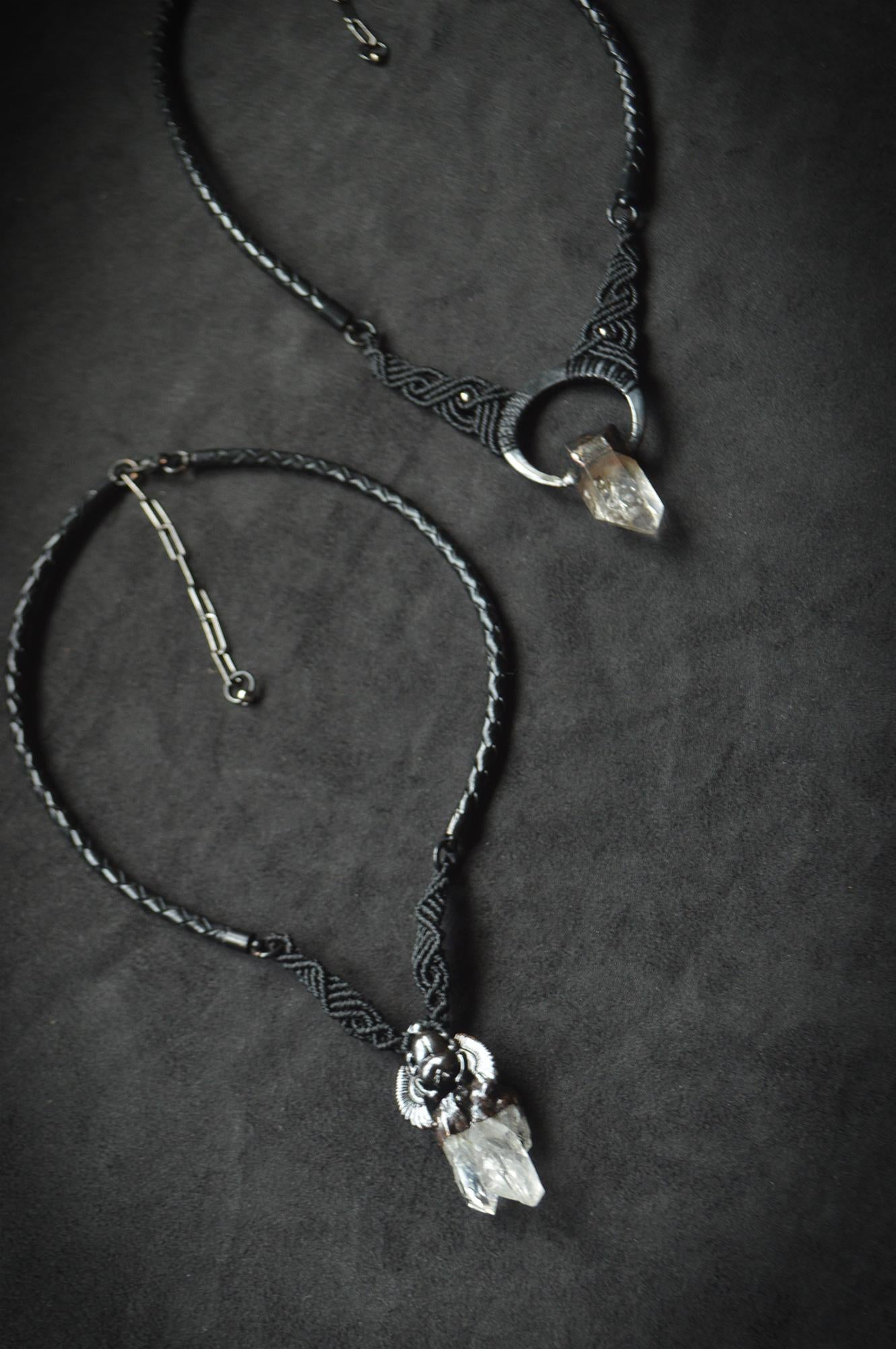 Nocturna collection - Total black Scarab design quartz pendant with macrame detail and leather necklace